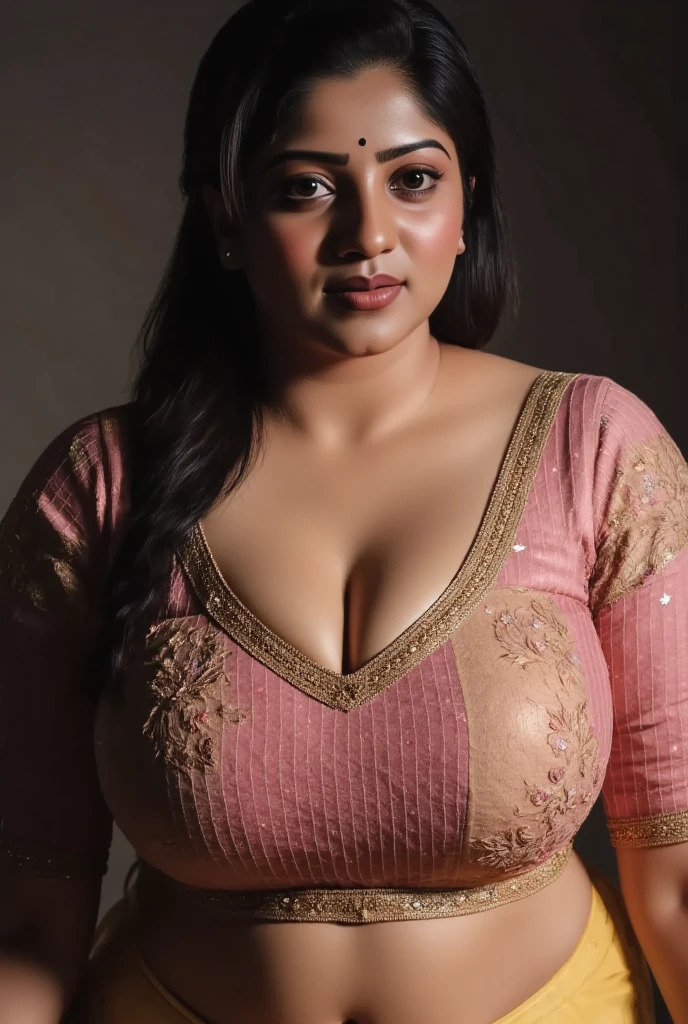 A woman with long dark hair wearing a colorful saree, leaning forward with her hands on her large breasts, downblouse creating a deep cleavage, extremely detailed face, beautiful detailed eyes, beautiful detailed lips, extremely detailed skin texture, intricate saree patterns, masterfully volumetric and tactile rendering, cinematic dramatic lighting, rich color palette, hyper-realistic, 8k, photorealistic, award-winning digital art