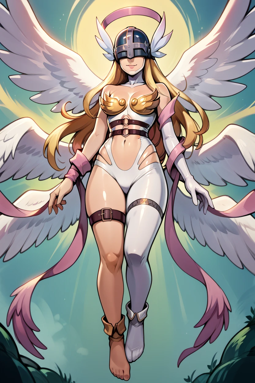 masterpiece, best quality, 32k, high resolution, absurdres, medium breasts, (curvy), cute, eyelashes, vivid colors, BREAK  ,,, zzAngewomon, blonde hair, covered eyes, helmet, long hair, angel wings, bare shoulders, elbow gloves, feathered wings, gloves, head wings, navel, pink ribbon, ribbon, single elbow glove, single glove, thigh strap, smile, full body,feet,reiq art style,straight shota,young boy,short brown haired boy,boy