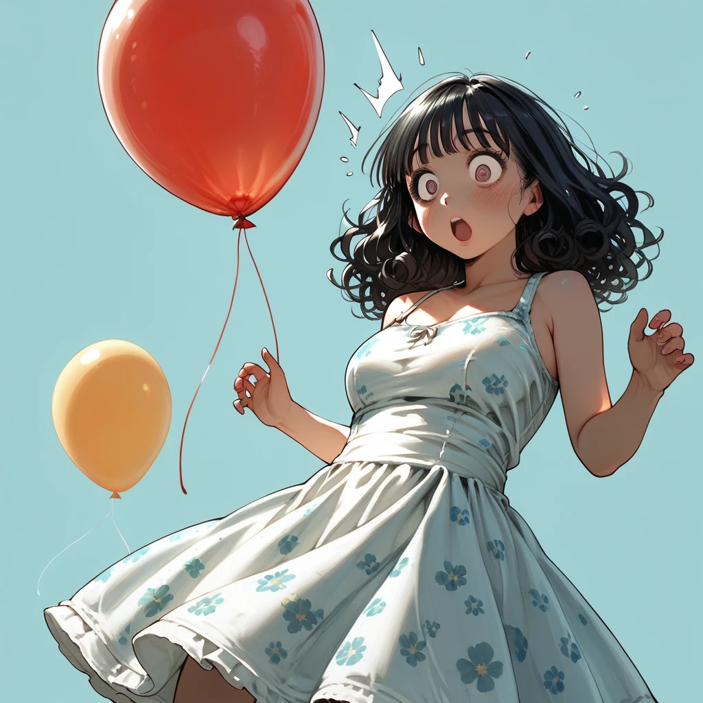 score_9, Score_8_up, Score_7,detailed, hirune style, 1girl, ((round_body)) ((balloon shaped body)) , 1girl, italian woman, curly thick hair, black hair, bright eyes , tight and undersized vintage 1990s floral sundress, (surprised emotions)