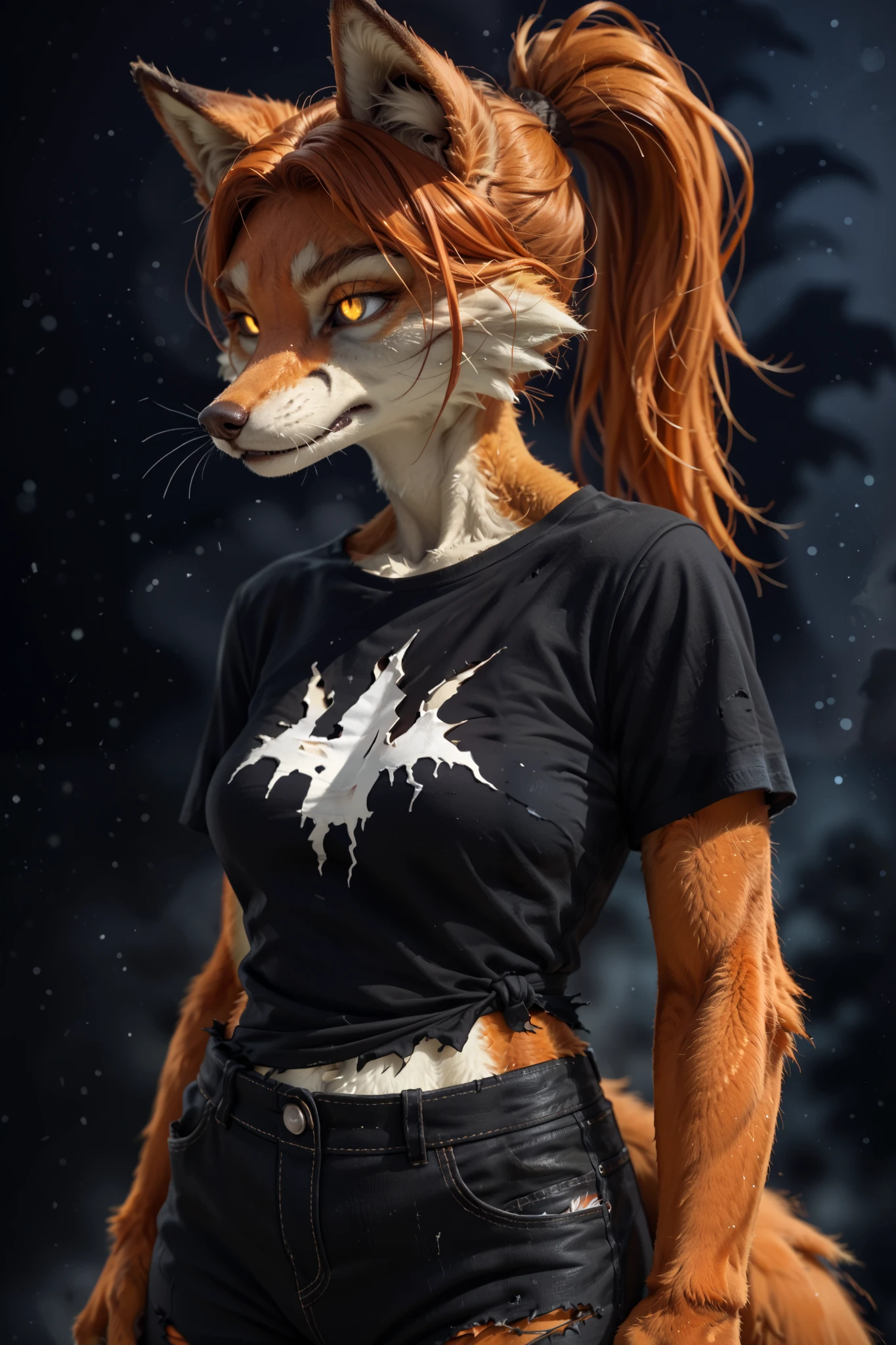 (zPDXL2), (PonyXLV6_Scores), rating_safety, Expressiveh, portrait shot, BREAK
lhata4564, d3t41l3d, 
solo, (furry, anthro), female, Lilyan,  European girl, (ginger tail fox girl, furry snout), (all four:1.35), tight ponytail, (ripped cloth, torned t-shirt, pants, bandolier:1.2), (ruined house background), (black darkness, black night background:1.5)