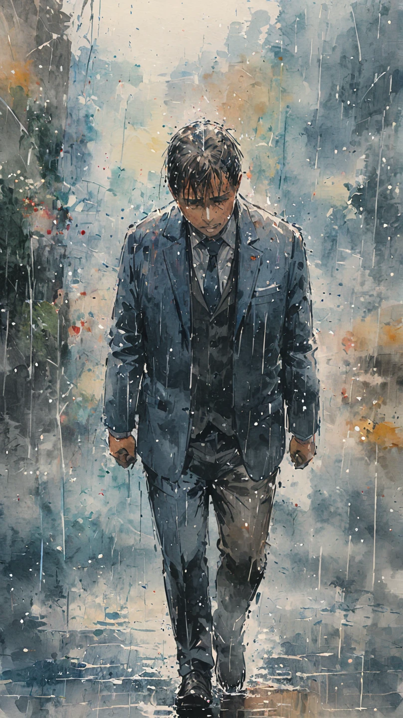 watercolor painting of a man in suit in the rain. full body shot of the man who is soaked under the rain. he tilts his head up to face the rain, the rainwater flows down his face. he is walking in the street, holding his hands out to feel the rain. watercolor brushes stroke painting style. the sky is dark.