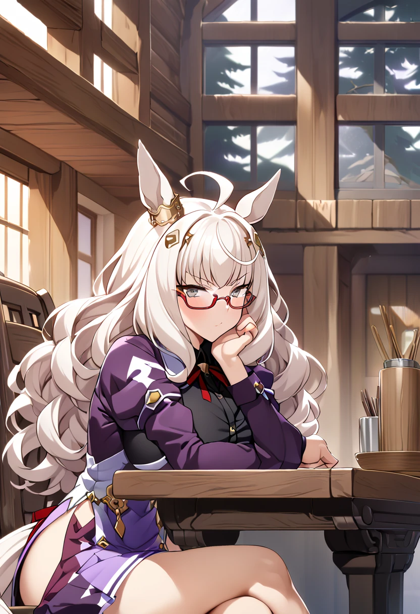 ( top quality 、 detailed images、Beautiful images、 official images )、((Log house)、( model body type、biwa hayahide, horse tail, ahoge, hair ornament, animal ears, ear ornament, large breasts)、( No Emotion)、( ergonomic body 、 ergonomic finger shape)、(glasses, semi-rimless eyewear, purple jacket, long sleeves, puffy sleeves, black shirt, collared shirt, neck ribbon, red ribbon, purple skirt, hip vent)、sitting on chair,
(crossed legs:1.3),((table,head rest,put elbows on table,close up face,))