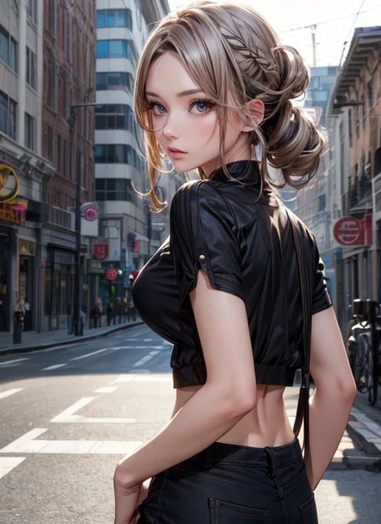 (masterpiece, best quality, ultra-detailed, highres, 4k),(beautiful detailed eyes),(very detailed face),(1girl),HDR,long hair, panties, blue eyes, brown hair, bracelet, see through crop top, jewelry, watch, lips, solo focus, nail polish, ponytail, blurry background, smirk, wristwatch, realistic, looking back at viewer