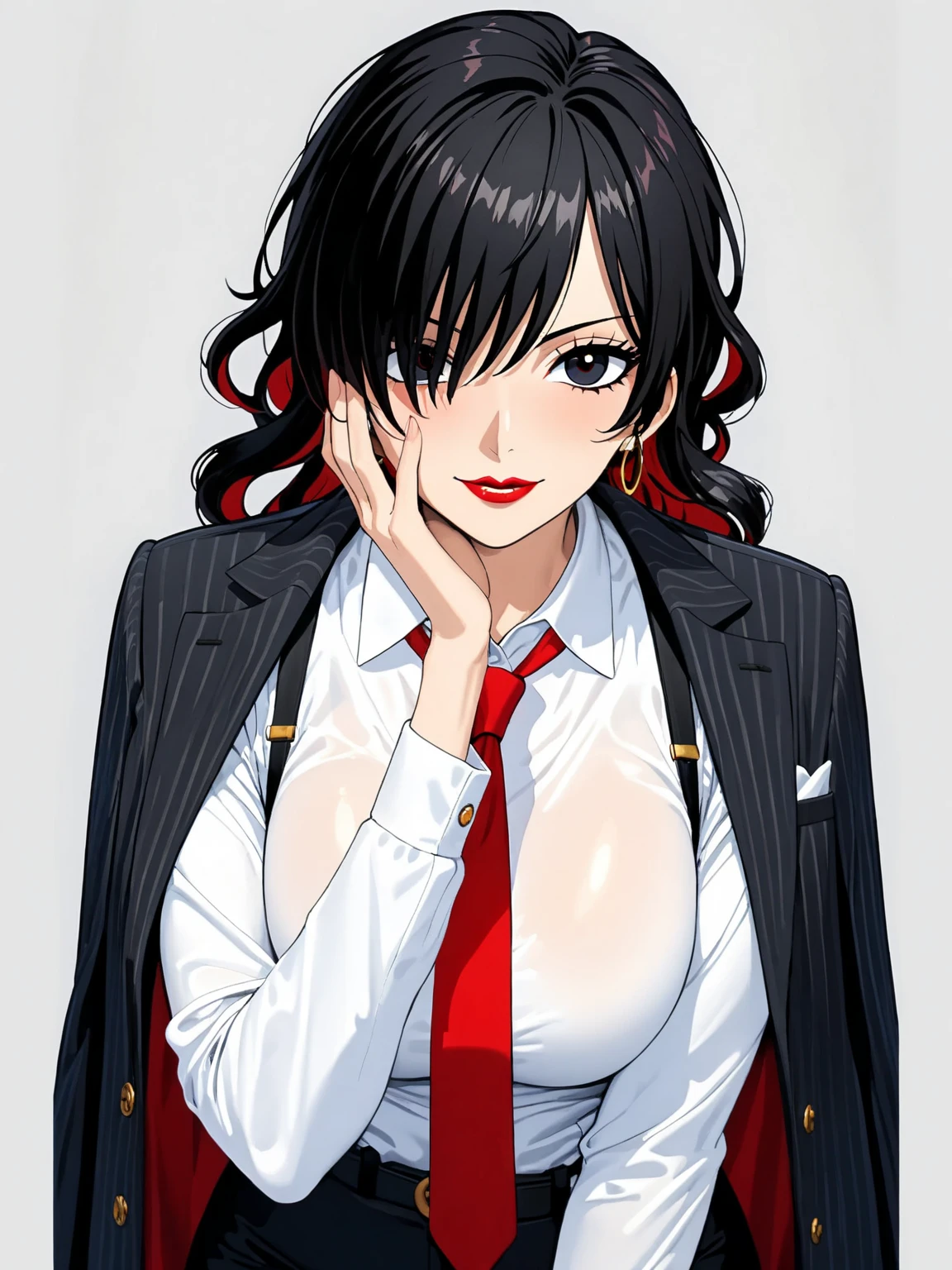 ((masterpiece)), ((high quality)),((ultra-detailed)), ((extremely detailed)),4K,8K, (((one piece))), office lady, pants suit, black pants, ((white collared shirt with suspenders)), red necktie, jacket on shoulders, elegant black pinstripe jacket, elegant belt, 25 years old, a beautiful woman, very tall woman with great style, perfect plump breasts, perfect body, slender body, 1girl, solo, perfect hands, long curly hair, black hair, black pupils, ((inner red hair:1.5)), dark pupils, narrow eyes,perfect face, perfect eyes, black pupils, red lips, red necktie, ((hair over one eye)), hoop earrings, smirk, white plain background, hand on face