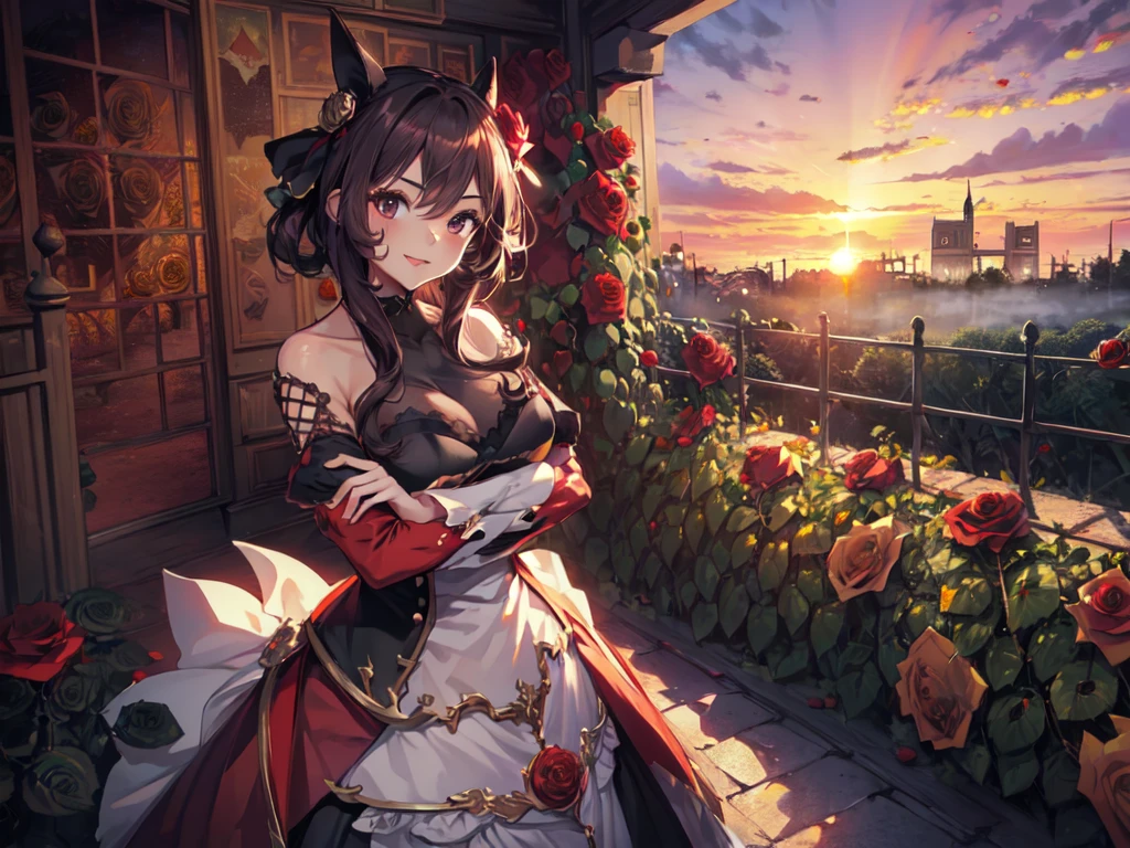 (Solo:2), (Young Woman:2), (Horse Ears:2, Big Head:2, Big Breasts, Emphasis on Breasts, Arms Crossed), (Smiling, Looking at Camera), (Castle Red Rose Garden:2), (Sunset:2), (Focus on Breasts), (Accurate Body Structure, Accurate Hand Structure, Accurate Finger Structure, Short Fingers, Short Arms, Short Legs), (Toon Shading, Very Fine Lines, Carefully Drawn, Great Artwork, Top Quality, High Resolution, 8K, Detailed, Delicate)