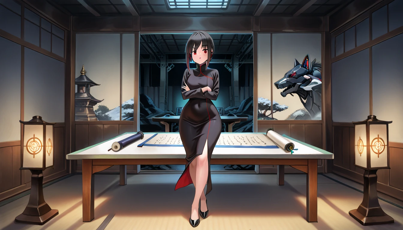 masterpiece, best quality, amazing quality, very aesthetically pleasing, absurd, state-of-the-art) , official style, roar, dark room, dark time of day, Japanese lamp,looking at the viewer, parted lips, stoic expression, crossed arms, confident, master, Japanese office solo background, Fubuki,1 girl,black hair, hime haircut, red eyes, attractive, monolithic cyber table made of metal. Wires on the wall. medium, curvy body, white scroll on the wall, A long black fitted midi dress with wide hips, long sleeves and a high collar, full body in view, site on the table, (cyber iron table)