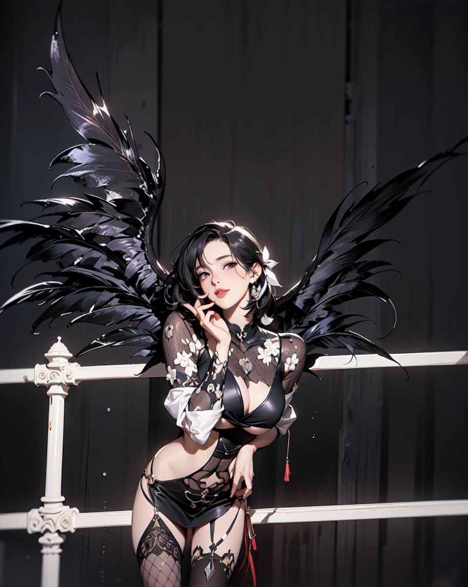 beauty、He is wearing a white striped dress shirt and a black vest..、Wearing a flashy black feather coat、Big Breasts、Wear tight black pants、He has two red belt holders on his waist..、Wearing flashy sleeves and gloves、Wearing a black tie、White Background