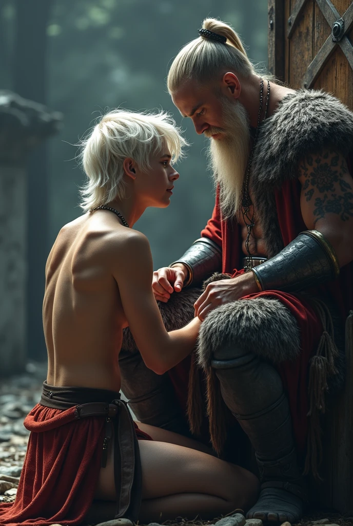 18 year old male, red hair and thin body , Kale , another man with big platinum hair like Geralt of Rivia/henry cavill, muscular and hairy body, Kale de frente para uma lareira do século 12
