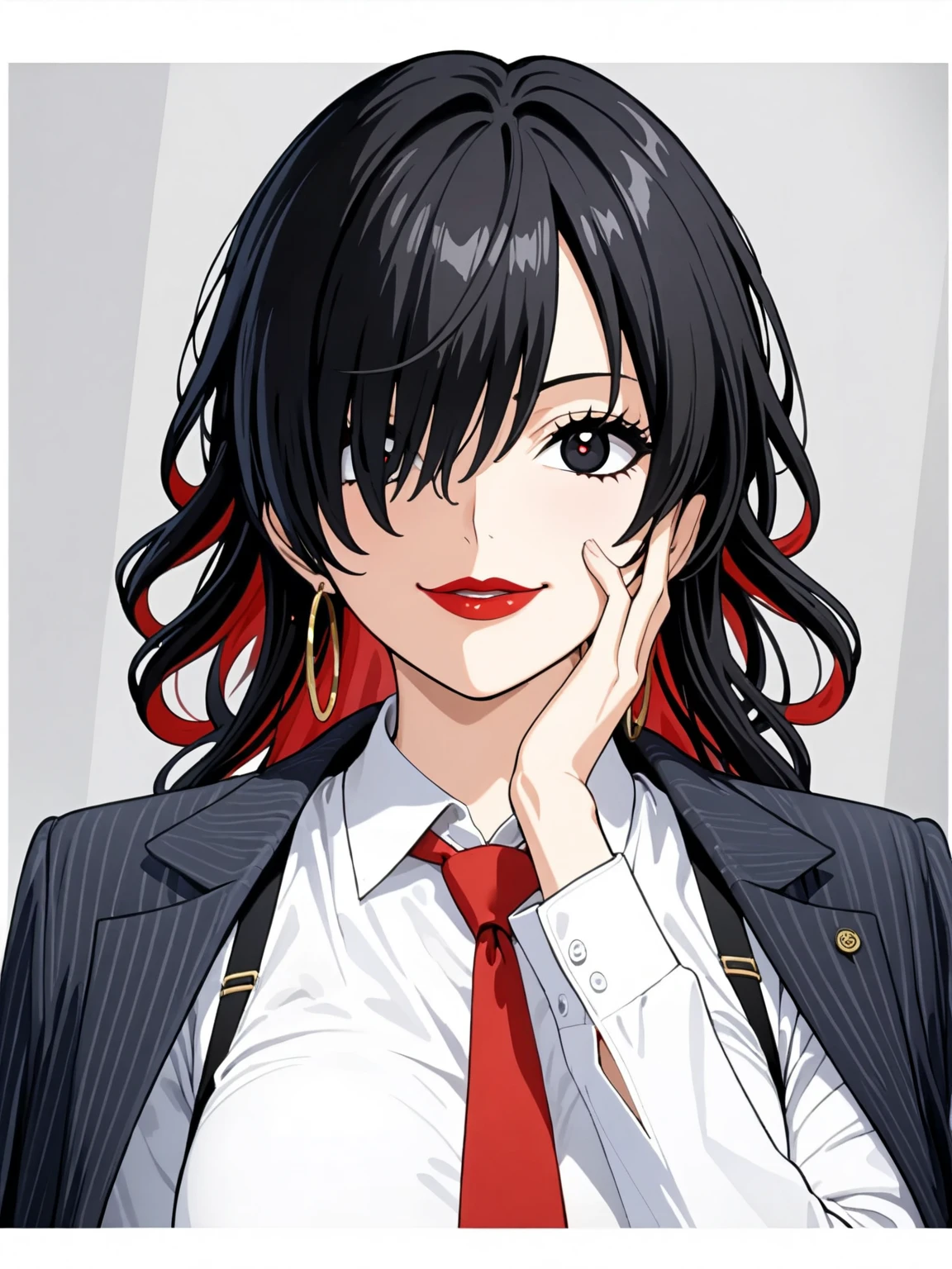 ((masterpiece)), ((high quality)),((ultra-detailed)), ((extremely detailed)),4K,8K, (((one piece))), office lady, pants suit, black pants, ((white collared shirt with suspenders)), red necktie, jacket on shoulders, elegant black pinstripe jacket, elegant belt, 25 years old, a beautiful woman, very tall woman with great style, perfect plump breasts, perfect body, slender body, 1girl, solo, perfect hands, long curly hair, black hair, black pupils, ((inner red hair:1.5)), dark pupils, narrow eyes,perfect face, perfect eyes, black pupils, red lips, red necktie, ((hair over one eye)), hoop earrings, smirk, white plain background, hand on face