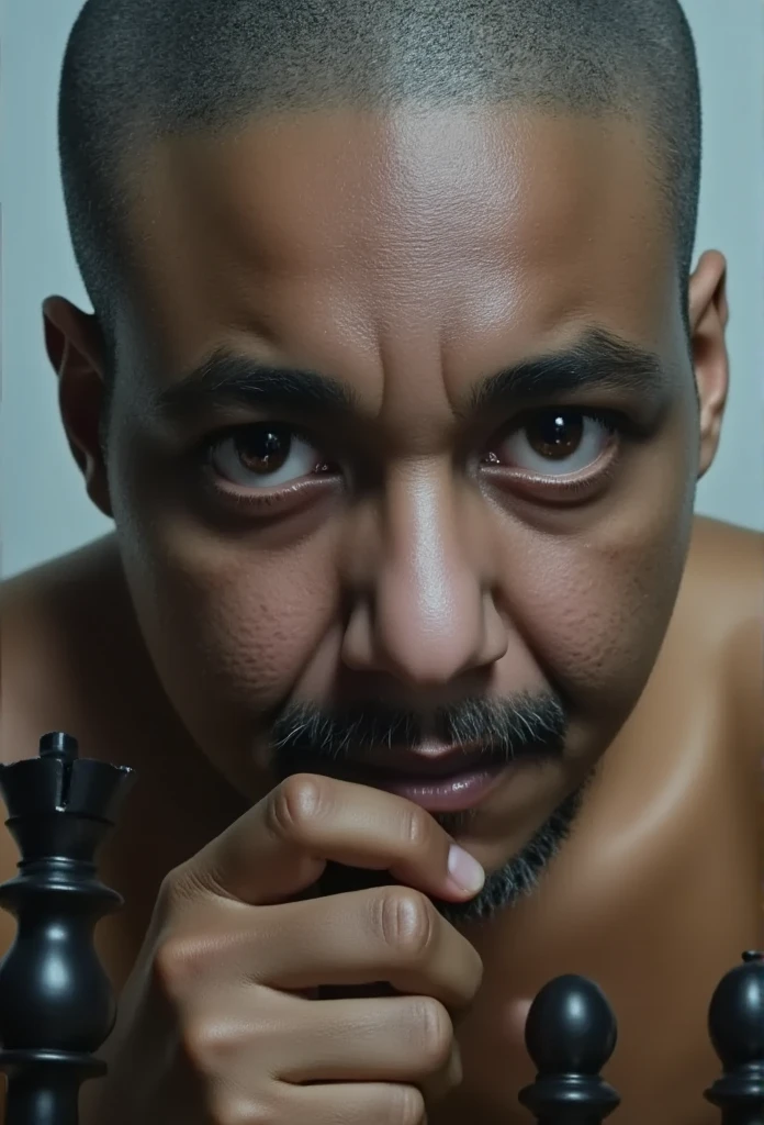  Movie scene , the black man,  shaved hair
playing chess ,  Looking down, thinking,   finger touching the chin  
, faded colors, faded image ,  movie grain ,  analog photo from the 90s 
