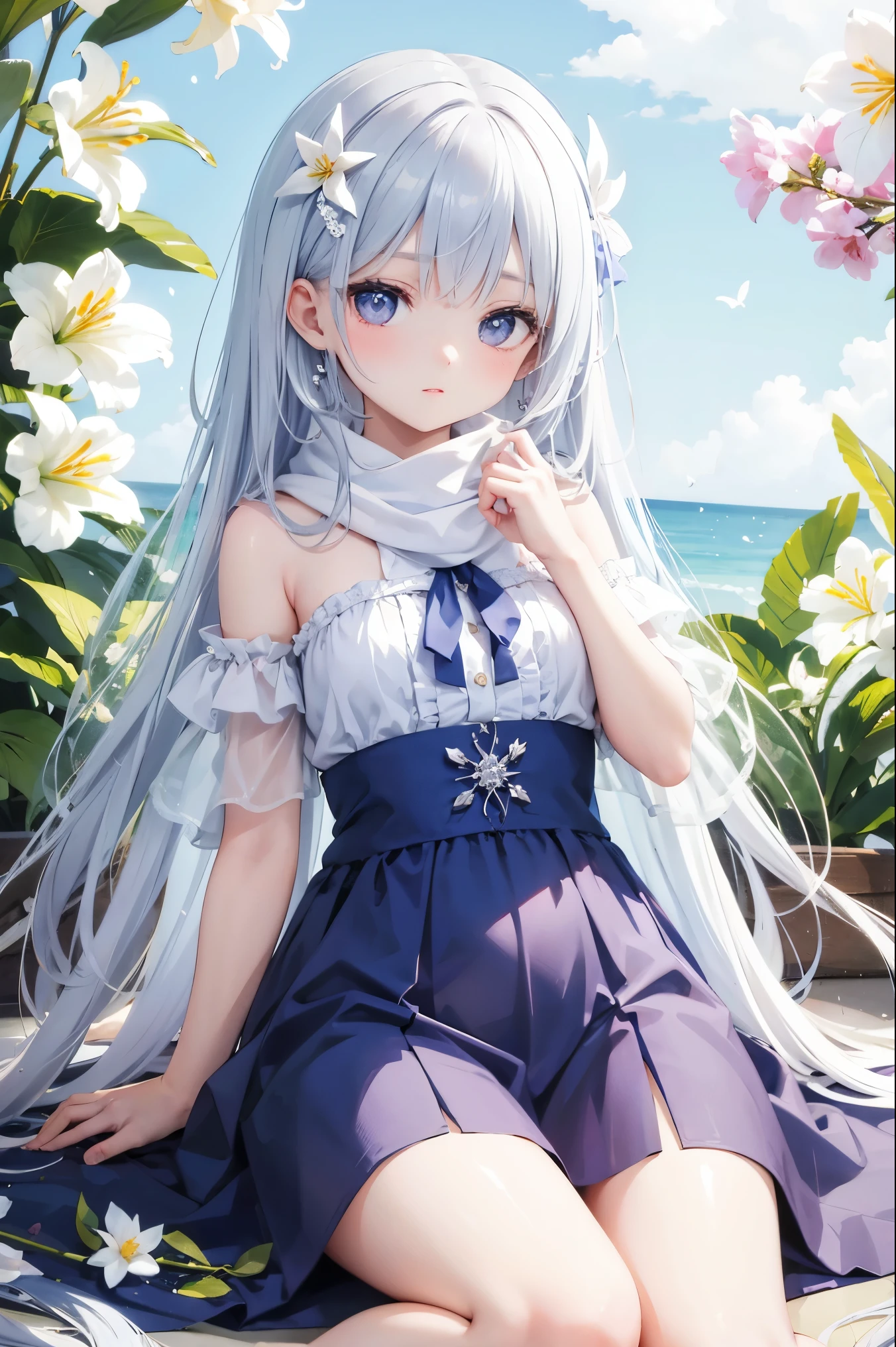 Sweet girl clothes2,pearl necklace,blue dress,flower, ((knee shot)), One hand resting on his lips、There are white butterflies around the hair.，Lilac dendrobium、orange lily、white lilies、1 girl in、fully body photo、White hair、floated hair、Hazy beauty、A plump chest, Chopping, Have extremely beautiful facial features、Hairpin on the head、Lie in the flowers、Drag your chin with both hands、perfect hand、rosette、(springtime、raining day、butterflys、precipice)、 vectorial art、Chinese contemporary art、Soft lighting、intertwined scarves、looking-down