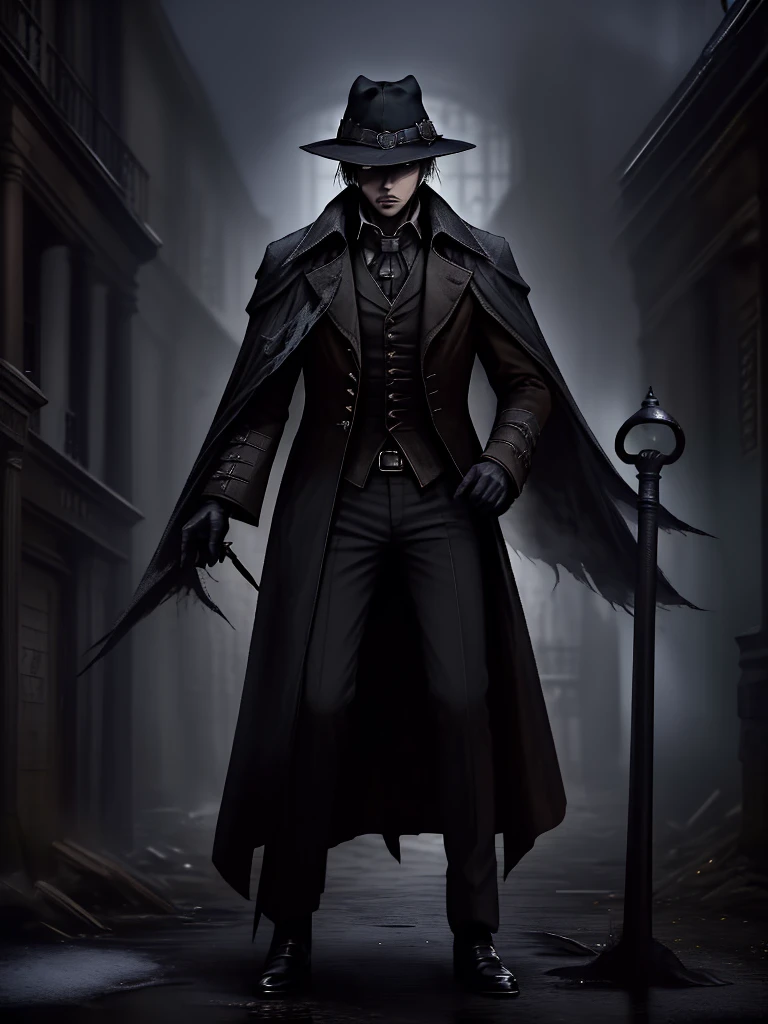 1 boy, black coat, black hat, brown coat, coat, tem, hunter \(Bloodborne\), long coat,  male focus , pants, Alone, standing, three-cornered hat
, by Paul Zizka, 