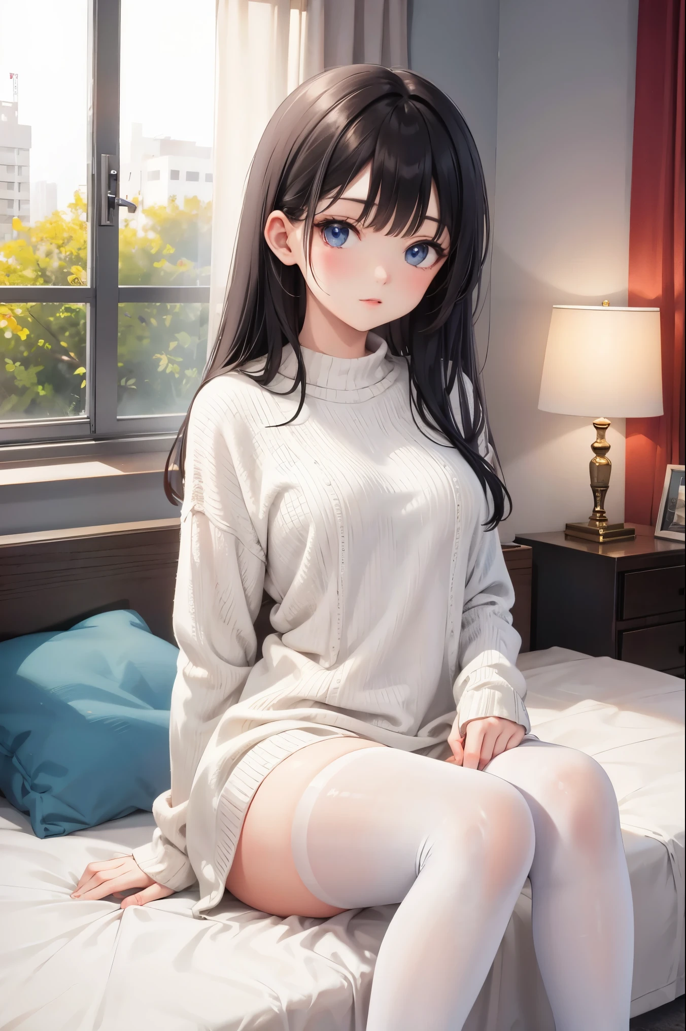 masterpiece, best quality, Practical, 8k, official art, Movie Lighting, Ultra-high resolution, 1 Girl, White sweater dress, torn pantyhose, sitting, on the bed, bedroom, Sunlight, Looking at the audience,
