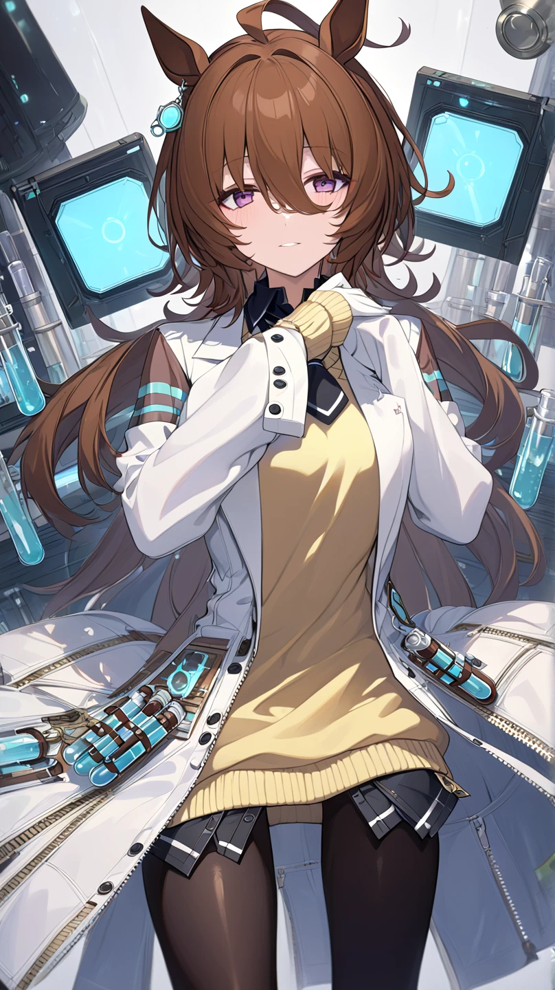   top quality , masterpiece,  high res,  Ultra Fine,  high detail , accurate, masterpiece, 
 Agnes Tachyon \(Horse Girl\), Brown Hair,laboratory
Mad Scientist, (Shining Lab:1.2),  single earring ,  Long Sleeve ,  sleeves are longer than wrists ,   sleeves are longer than fingers,  colored shirt ,  Black shirt with loose chest ,  yellow sweater,  sweater vest,  black tuxedo , Untied short necktie ,  open coat, white coat, white, Test tube, bottle, zipper,  black pantyhose , 