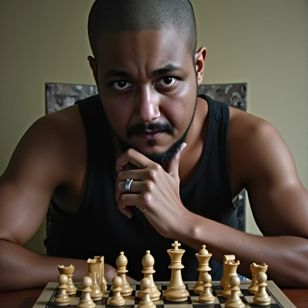  Movie scene , the black man,  shaved hair
playing chess ,  Looking down, thinking,   finger touching the chin  
, faded colors, faded image ,  movie grain ,  analog photo from the 90s 
