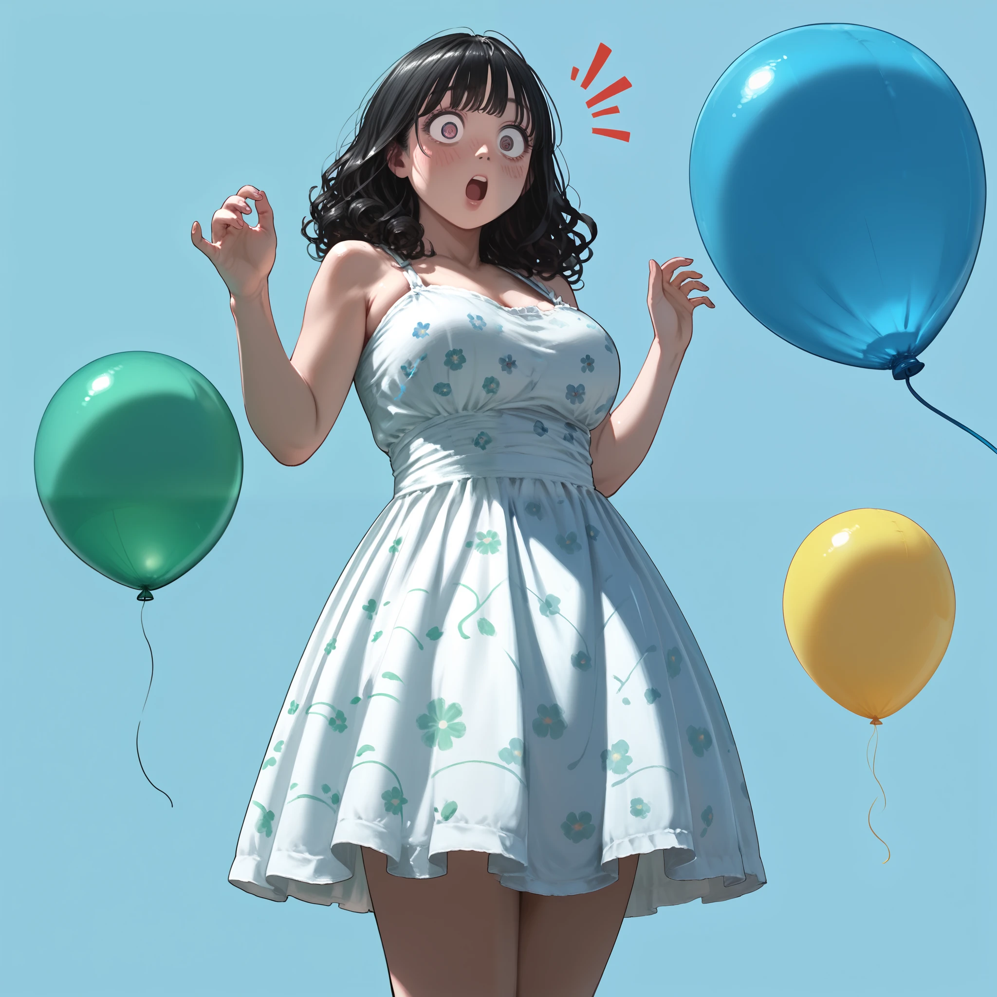 score_9, Score_8_up, Score_7,detailed, hirune style, 1girl, ((round_body)) ((balloon shaped body)) , 1girl, italian woman, curly thick hair, black hair, bright eyes , tight and undersized vintage 1990s floral sundress, (surprised emotions)