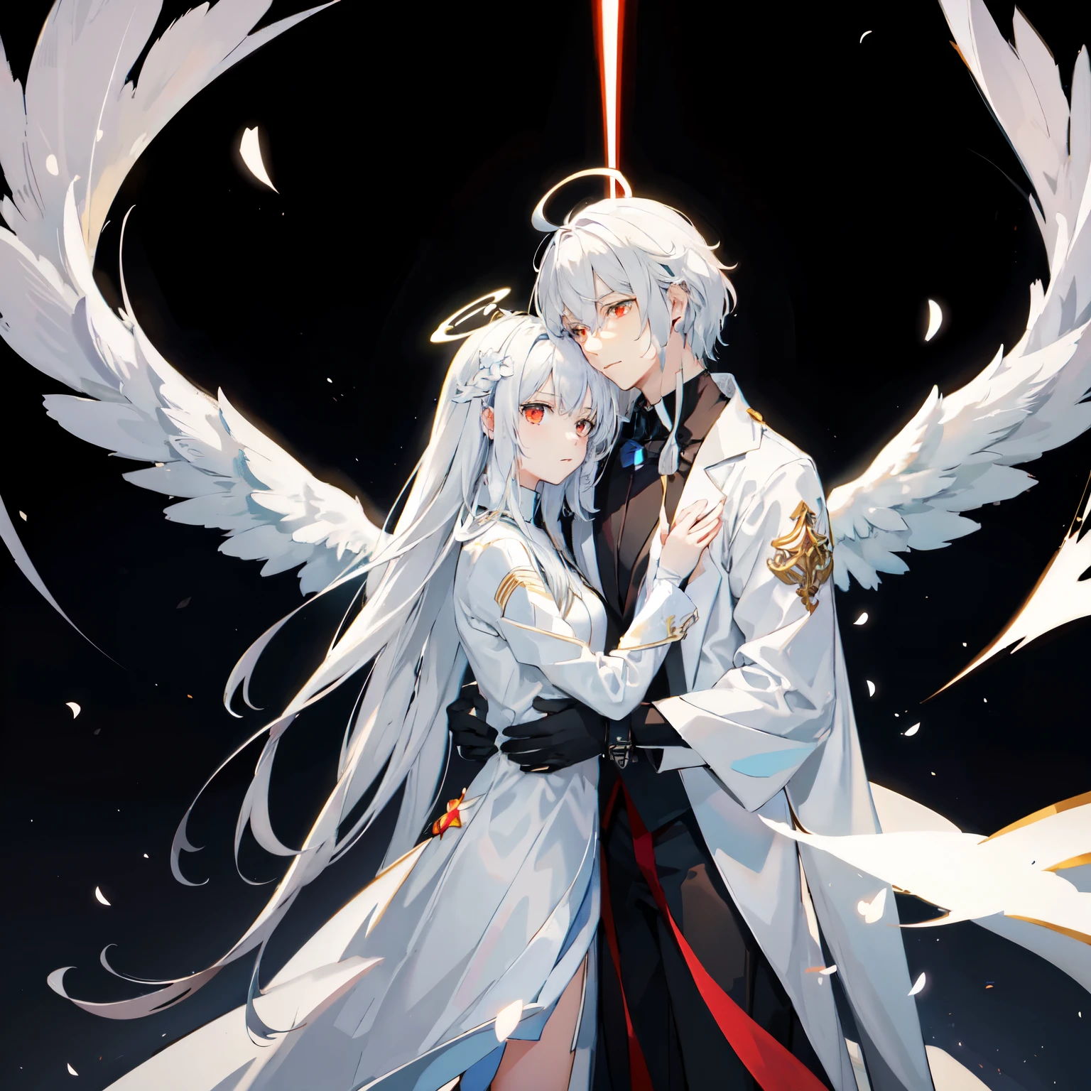 Anime couple hugging and kissing ,  long scarf red color  ,Looking forward Man in formal attire wearing a white and platinum lab coat on top Male,red eyes, cabello largo color platino anime angel con alas y un halo por encima de la cabeza, anime wallpaper , bíblico preciso angel , angelic, ,  glowing angelic being  , an angel, angelical, hd anime wallpaper , Night, angel, ascension,  Big shiny white wings , , Angelic and Disturbing  , the lilies, ethereal anime, angelic angel alas de angel, white-haired deity,  Glowing Angelic Being , Angelic halo, sacred halo, Un angel,  snowy anime background ,  winner of the pixiv , The Angel of Death with a halo, anime wallpaper, angelic and disturbing,  orange halo around her head ,  ray of light through white hair, bright halo above his head,Looking forward Man in formal attire wearing a white and platinum lab coat on top Male,red eyes, cabello largo color platino anime angel con alas y un halo por encima de la cabeza, anime wallpaper , bíblico preciso angel , angelic, angel  glowing angelic being  ,  angel, angelical,  anime wallpaper , Night, angel, ascension,  Big shiny white wings , , Angelic and Disturbing  , the lilies, ethereal anime, angelic halo con alas de angel, white-haired deity,  Glowing Angelic Being , Angelic halo, sacred halo, Un angel, ,  orange halo around her head ,  ray of light through white hair, bright halo above his head, ANGEL HALO shiny white and platinum , masterpiece,  angry face, Ojos rojos, limelight, swirling wind, snowy background ,  ANGEL HALO shiny white and platinum , masterpiece, angry face, Ojos rojos, limelight, swirling wind, snowy background ,  lab coat color white and platinum formal outfit platinum color formal attire complex snowy background 