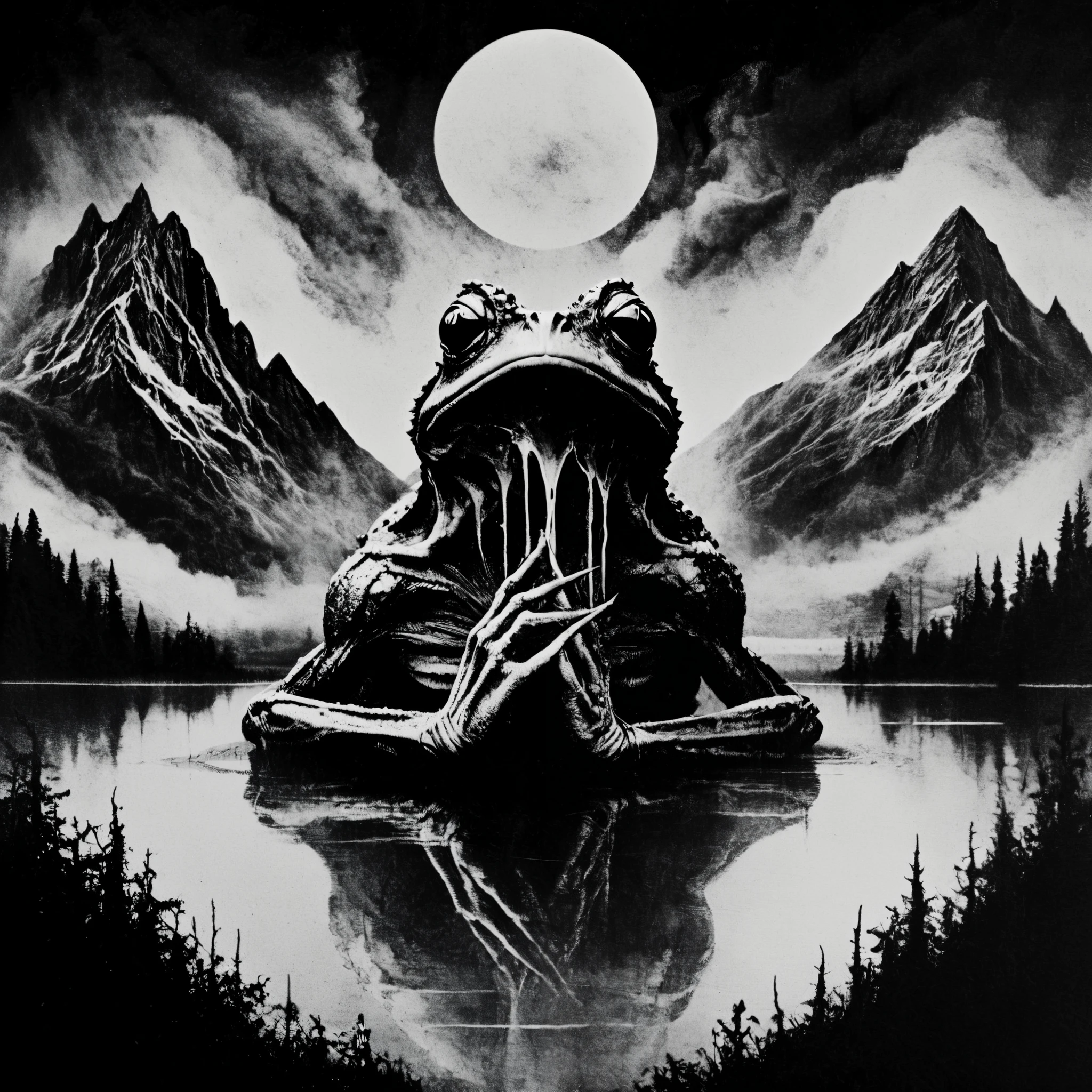 blackmetal style, xerox, black and white, cloudy black sky, central religious frog, mountains in the distance, fog, water below,
