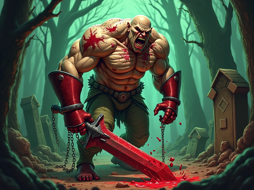best quality, high_resolution, distinct_image,mechanical axe,oger, battle, orc skull, guro