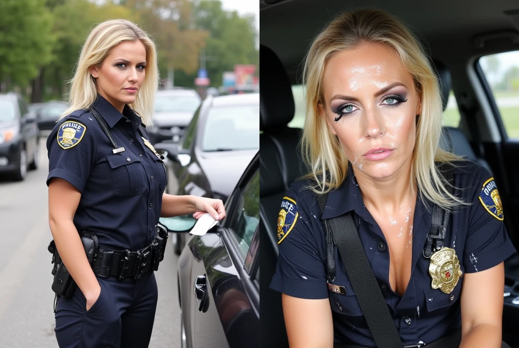 16 K HDR, hight resolution, (masterpiece, Best Quality, hyper realistic photography), ((1girl in)), (Super ???? and beautiful police officer:1.25, 30 years old:1.15), Slim body, Cool Beauty Face, (Blonde, Short hair, Tongue out:1.5), (ultra huge cleavage:1.35, Realistic police officer uniform:1.5, Unbuttoned:1.35, Realistic police hat:1.1, ??????:1.15, spilled out ???????:1.35, Gun belt, sunglasses:1.1), Ultra-detailed mature face, Super dense mature skin texture, (In a realistic abandoned building:1.35, Realistic police car nearby:1.1, Dark atmosphere:1.15)