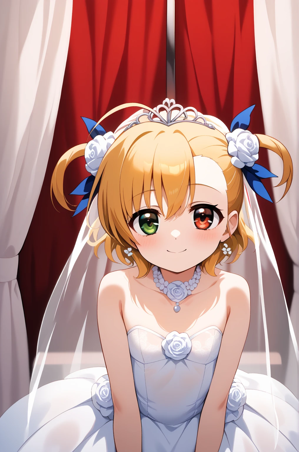 masterpiece,best quality,{{detailed beautiful face and eyes}},
Vivio,{{{megami magazine}}},blonde hair,ahoge,two side up,hair ribbon,heterochromia,grenn eyes,red eyes,flat chest,
1loli,hairstyle: (wedding bun short hair:1.2)
Outfit: (wedding dress,intricate dress, ball gown, bridal veil, bride, curtains, 
depth of field, dress, flower, hair flower, hair ornament, see-through,white flower, white rose:1.1),(face full of joy:1.3)