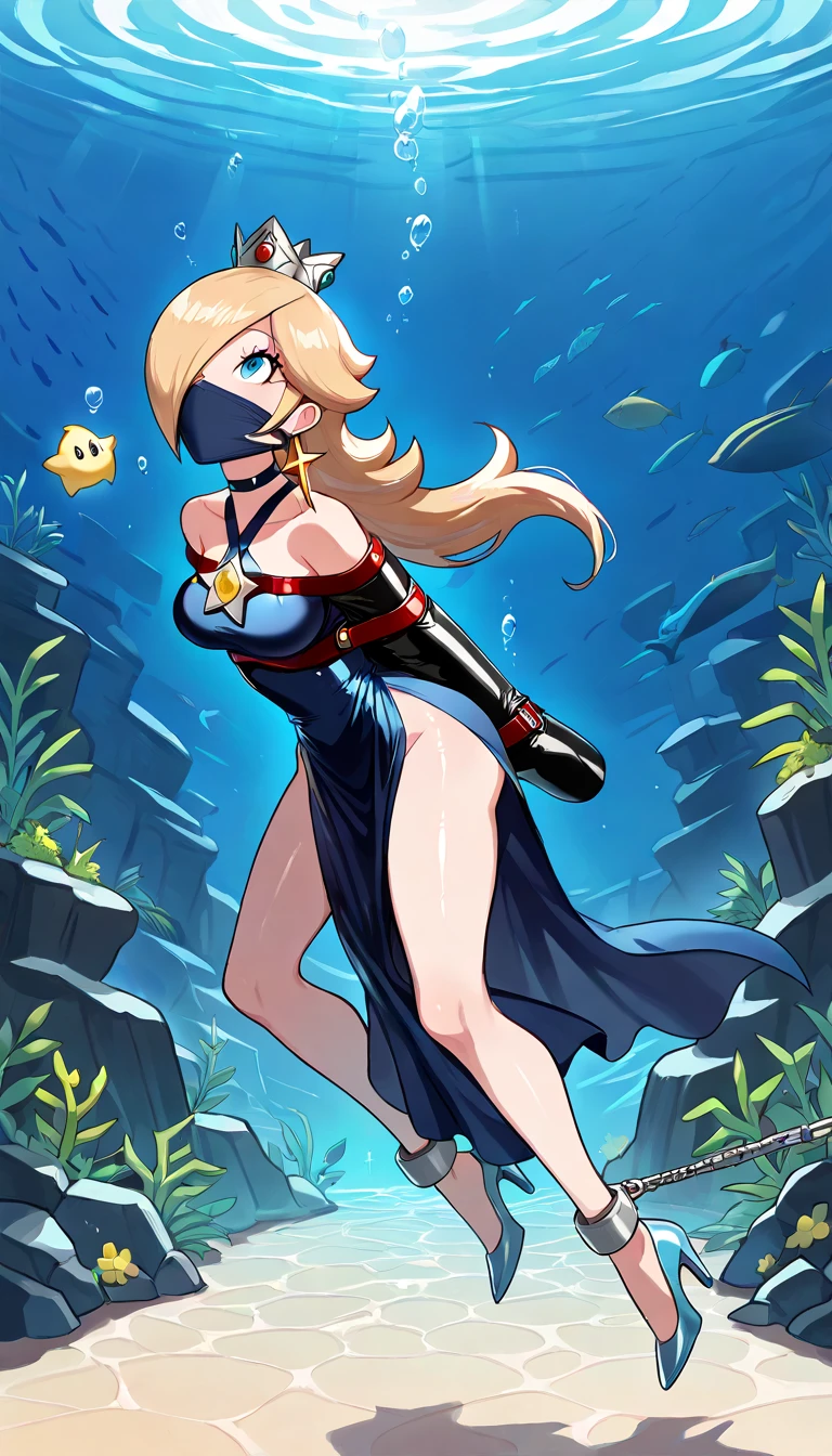 score_9, score_8_up, score_7_up, 1girl, Lora:Rosalina_XLPD:1,  (RslnSND, hair over one eye, crown, blue dress, bare shoulders, side slit, clothing cutout, choker, cleavage cutout, pelvic curtain, high heels, shiny dress, dark blue dress), wossarem style , shiny skin, (full bodies in view) , perfect proportions, underwater, underwater drown, bound arms, (arms behind back: 1.4),  (armbinder: 1.4), G4G, mouth under mask, feet cuffed, , feet tied to a metal ball with chains, , body swimming up, head turning up and back, eye looking up
, tight black cloth gag, G4G, mouth and nose under mask, over the nose cloth gag,
Expressive Cloth gag, (((lean the chest backwards, side view))), (((head leaning backward))), (( body side view)), side view, ((stretched legs)), ((head and neck leaning backward)), ((upper body leaning backward)), (head side view), face side view,  She is arching her back towards the camera while looking up.