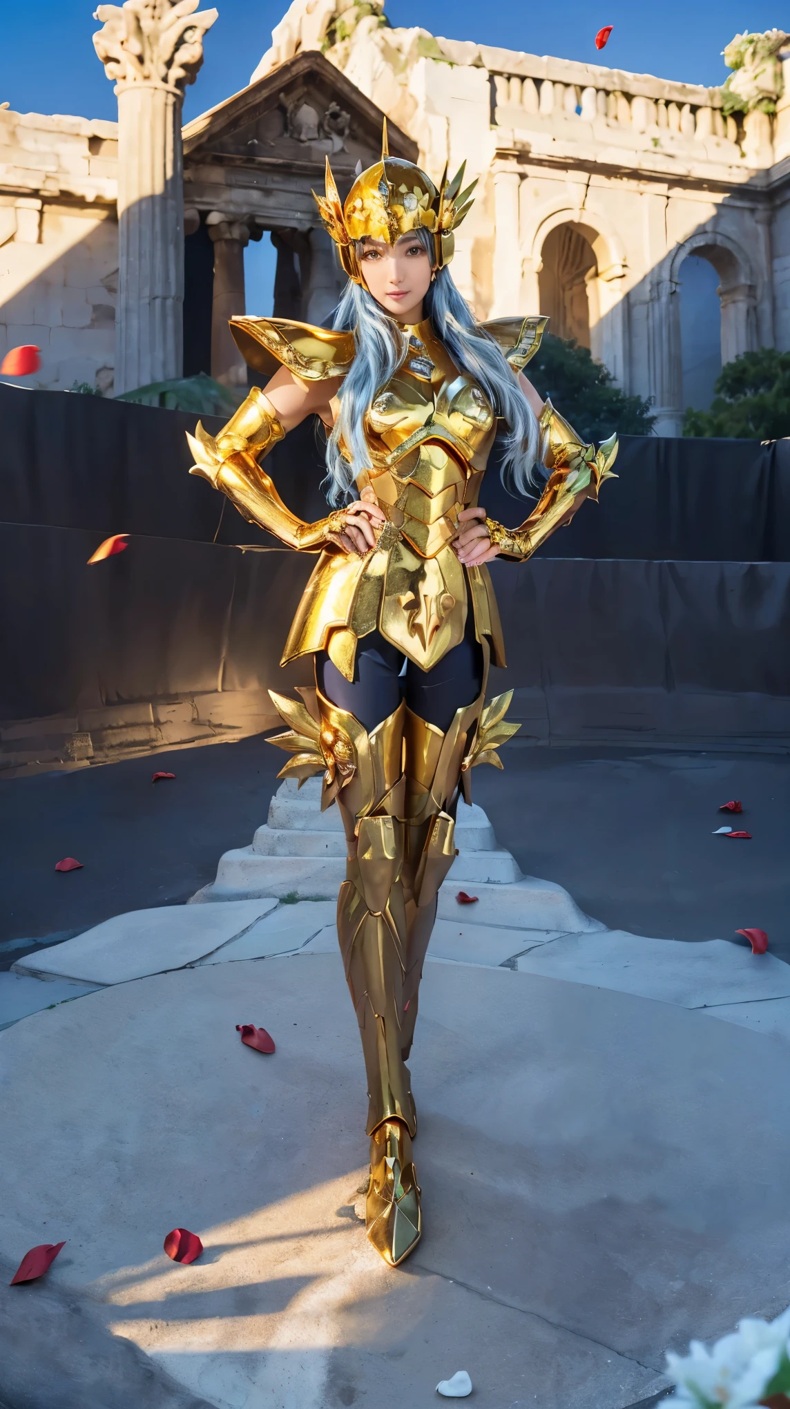 (( red rose petals scattered on the ground )),((( a mole under the outer corner of your left eye))),(( 1 woman ))) ((Beautiful woman like a goddess)), ((( Sparkling golden metal armor ))),  Ultra realistic photo shoot with cutting-edge details, Greek ruins in the background,Saint Seiya Armor, (((Cancer Armor))), ((Long, thin, beautiful eyes )), Every detail, 美しい face with details, walking at the  ancient Greek ,  ancient Greek ,  super high res, 8k,  Milky Way, Night Sky, (( wear a golden metal helmet)), Sexy Armor , (( light blue hair)),(( holding a white rose in your hand)),((whole body)),((( a mole under the outer corner of your left eye))),(( red rose petals scattered on the ground )), dynamic pose