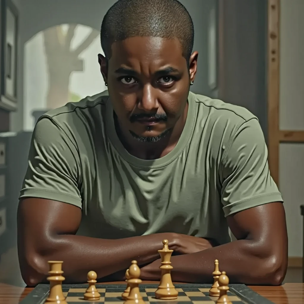  Movie scene , the black man,  shaved hair
playing chess ,  Looking down, thinking, 
, medium plan, faded colors, faded image ,  movie grain ,  analog photo from the 90s 
