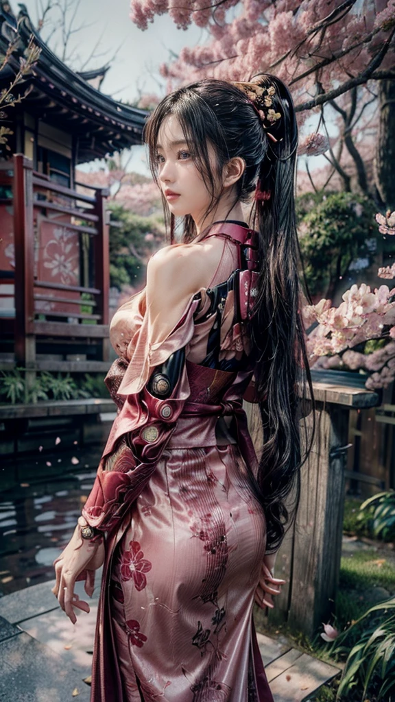 A cybernetic samurai woman in a traditional Japanese kimono with intricate golden patterns, standing in a serene environment surrounded by cherry blossom trees in full bloom. Her black hair flows naturally, accented with elegant hairpins. Her robotic hands hold a katana with a detailed hilt, while her calm, piercing gaze reflects strength and mystery. The background features a traditional Japanese temple bridge, partially obscured by the gentle fall of pink sakura petals. The lighting is soft and atmospheric, emphasizing the blend of traditional Japanese aesthetics and futuristic cyberpunk elements. High detail, ultra-realistic rendering, cinematic composition.