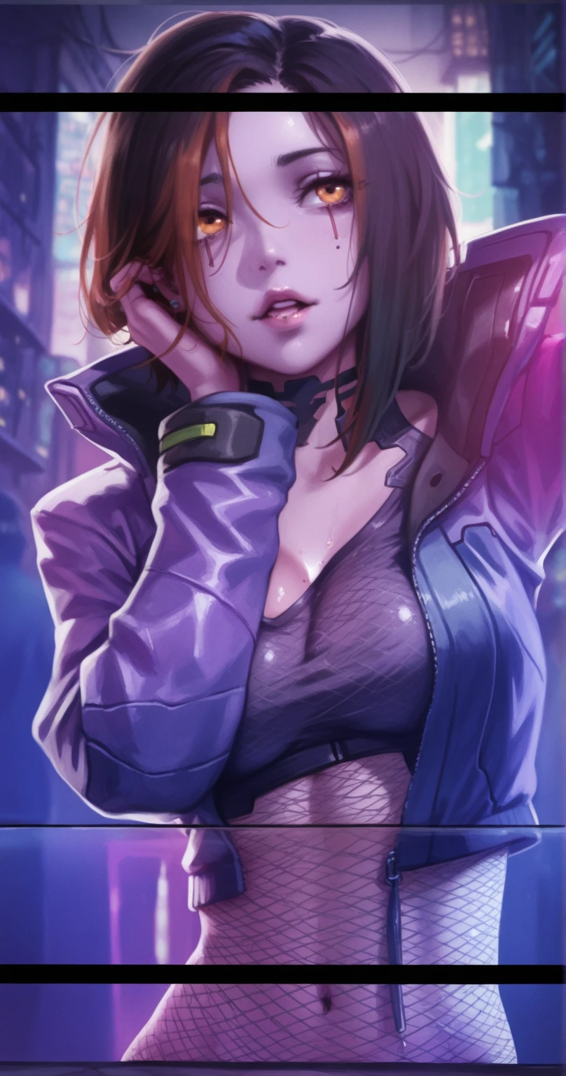 realism, masterpiece, best quality, amazing quality, very aesthetically pleasing, absurd, state-of-the-art) , official style, stoic expression, a girl in a cyberpunk jacket, pink lighting on her skin, tight-fitting holographic blouse under her jacket, elbow covering her chest, pink skin , skin covered with mesh, purple skin, orange eyes, piercing