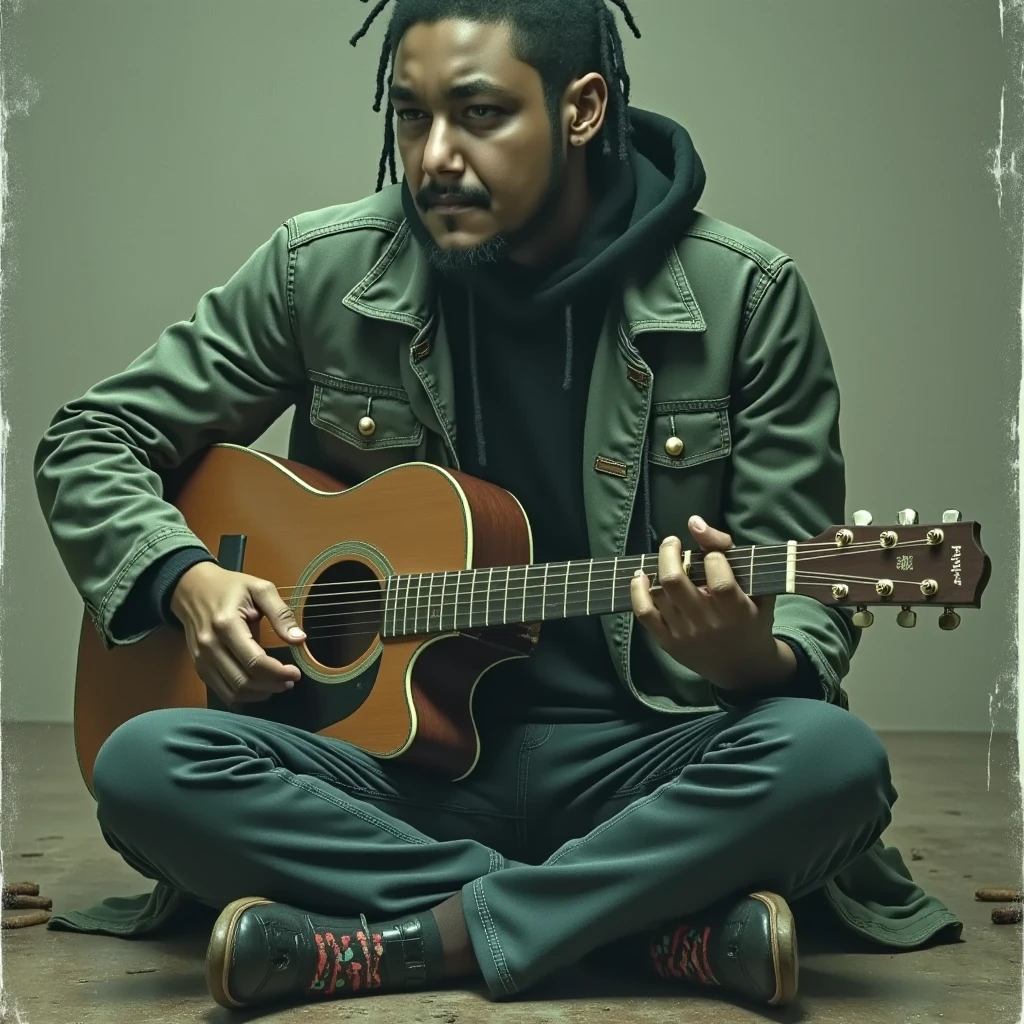  Movie scene , the black man,  shaved hair
Playing the guitar ,  Looking down, thinking,   sitting cross-legged , guitar resting on the thigh  
, faded colors, faded image ,  movie grain ,  analog photo from the 90s 
