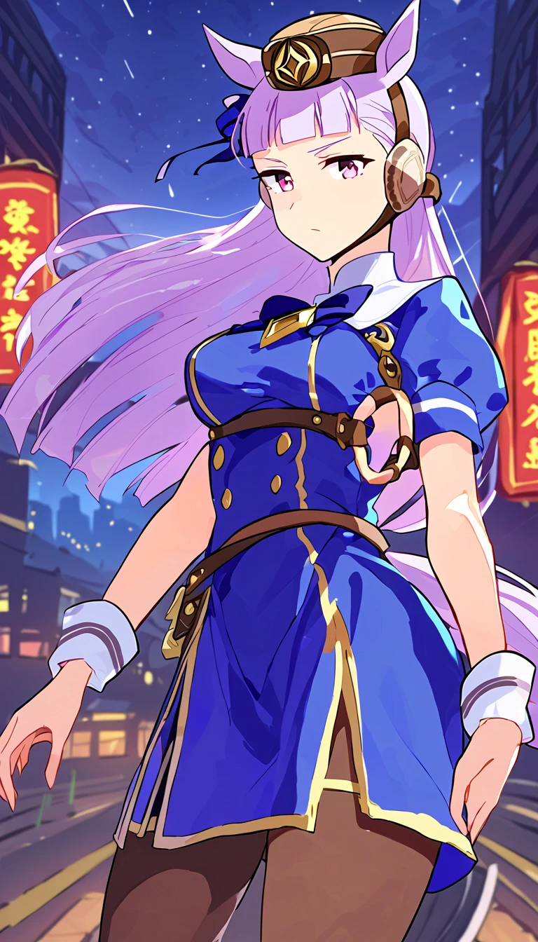 ((masterpiece,best qualtiy)),1girl,solo,upper body,beautiful night street background,goldship(umamusume), horse ears, solo, animal ears,horse tail, horse girl, tail,cleavage,long hair,chunlicosplay, chun-li \(cosplay\), blue dress, boots, bracelet, brown pantyhose, china dress, chinese clothes, cross-laced footwear, dress, gold trim, jewelry, pantyhose, pelvic curtain, puffy sleeves, sash, short sleeves, side slit, spiked bracelet, spikes, white footwear,full body