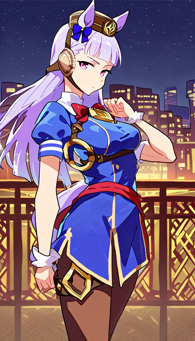 ((masterpiece,best qualtiy)),1girl,solo,upper body,beautiful night street background,goldship(umamusume), horse ears, solo, animal ears,horse tail, horse girl, tail,cleavage,long hair,chunlicosplay, chun-li \(cosplay\), blue dress, boots, bracelet, brown pantyhose, china dress, chinese clothes, cross-laced footwear, dress, gold trim, jewelry, pantyhose, pelvic curtain, puffy sleeves, sash, short sleeves, side slit, spiked bracelet, spikes, white footwear,full body