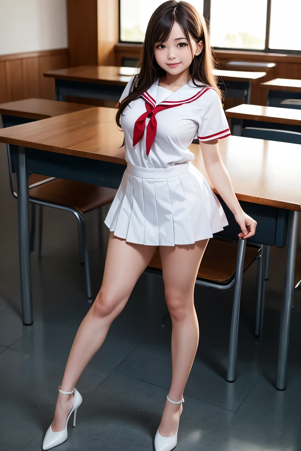 Perfect composition, Proper placement, Golden Ratio, masterpiece,  best quality,  high definition ,  one  Girl,  Cute  Lady, full body focus, full body shot, view the viewer, smiling, standing,  Wearing a Japanese High School Sailor Suit:1.331, Summer short sleeve uniform ,  red ribbon,  Anatomically Correct Ratio :1.331,  has a small head :1.331, Curvy body:0.9,  thin waist:1.331, Thin limbs:1.331,  big breasts, Brown Hair,  wavy long hair,  bare legs, white pin high heels,  Summer evening, rain:1.21, In a school, classroom:1.21,  old blurry photos, Faded photos , Light and Shadow, Movie Lighting, 