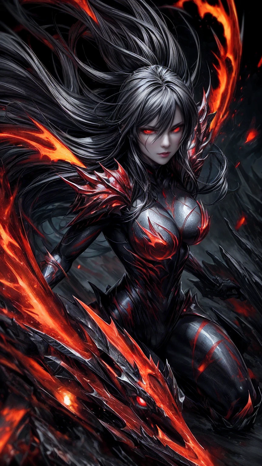 masterpiece, highest quality, dragonlady queen, bright red glowing eyes, detailed eyes (1.4), scars on face, villainous expression, flaming skin body with bioluminescent glowing pattern, ready for battle, blurred stormy background, dark atmosphere, lighting in background,full body,