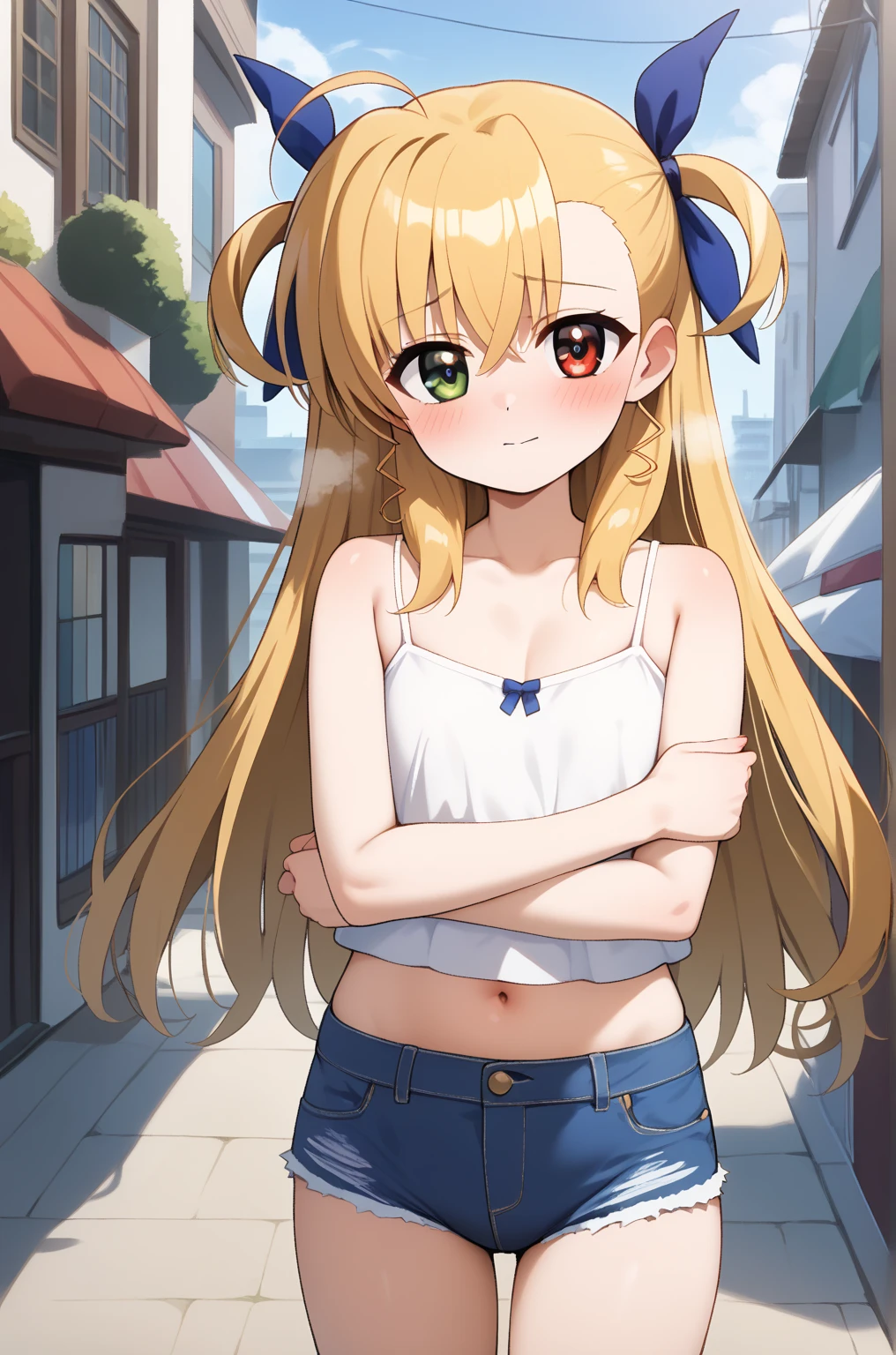 masterpiece,best quality,{{detailed beautiful face and eyes}},
Vivio,{{{megami magazine}}},long hair,blonde hair,ahoge,two side up,hair ribbon,heterochromia,grenn eyes,red eyes,flat chest,
camisole, bare shoulders, cleavage, crop top, cutoffs, denim shorts, midriff, short shorts, spaghetti strap,
1loli,(is embarrassing,big blush,closed mouth,steam:1.0),
((standing,cowboy shot,looking at viewer,breast hold:1.2)),
(night city background:1.0),clothed