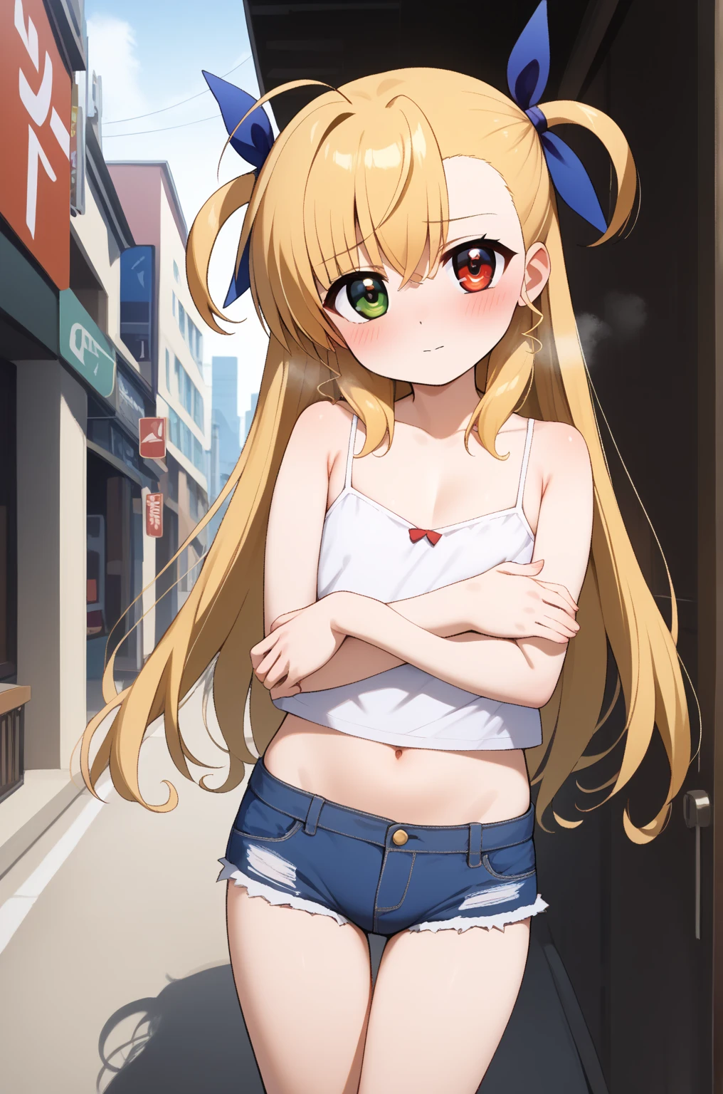 masterpiece,best quality,{{detailed beautiful face and eyes}},
Vivio,{{{megami magazine}}},long hair,blonde hair,ahoge,two side up,hair ribbon,heterochromia,grenn eyes,red eyes,flat chest,
camisole, bare shoulders, cleavage, crop top, cutoffs, denim shorts, midriff, short shorts, spaghetti strap,
1loli,(is embarrassing,big blush,closed mouth,steam:1.0),
((standing,cowboy shot,looking at viewer,breast hold:1.2)),
(night city background:1.0),clothed