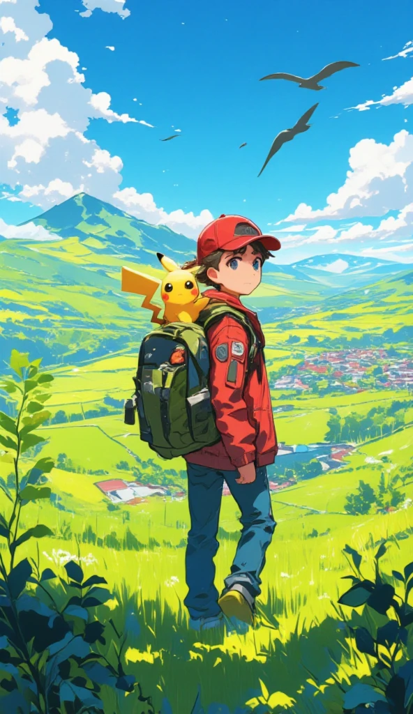 A boy with a red cap, red jacket, jeans, and a backpack looking onwards toward the lush green field with a town nearby. The boy has a pikachu \(cartoon mouse, anthropomorphic, yellow fur, adorable, short limbs, long ears, electric-shaped tail, red cheeks\) on his shoulder. A few birds can be seen flying across the sky. The color is vivid. The atmosphere is fun and adventurous.