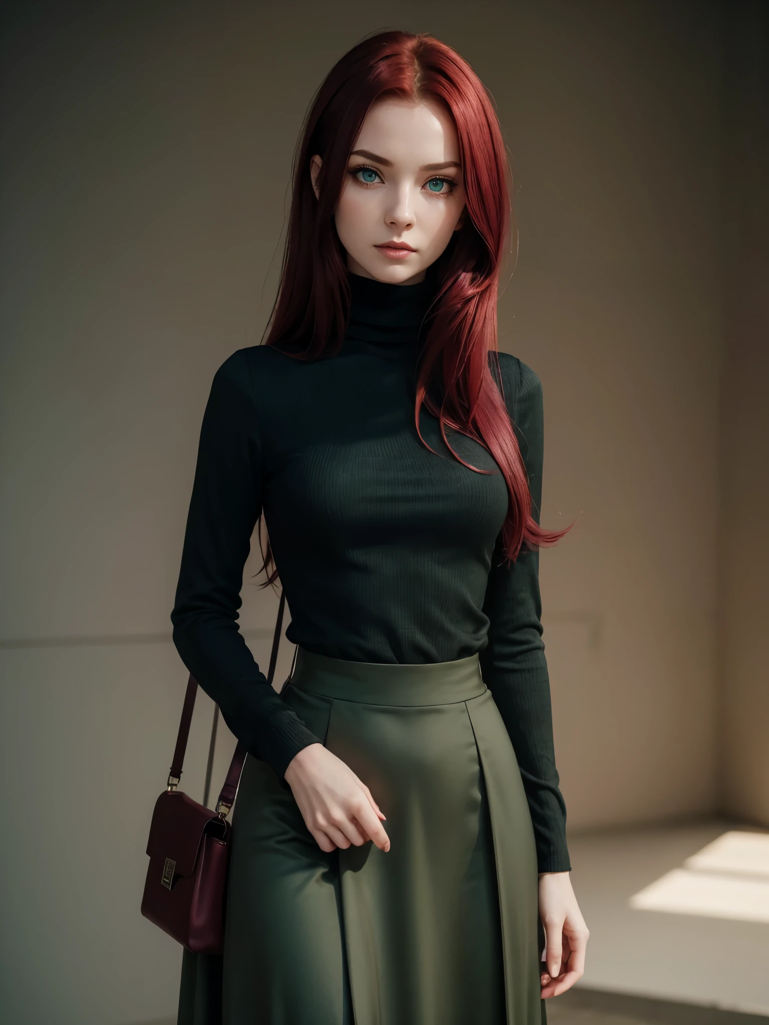 (best quality), 1girl, Female, pale skin, (burgundy red hair), swoopy hair, hair over shoulder, hair over one eye, green eyes, perfect eyes, black turtleneck, grey long jacket, dark green maxi skirt, black heels, crow feather accessoires, small bust, stoic, masterpiece, anatomically correct, highres
