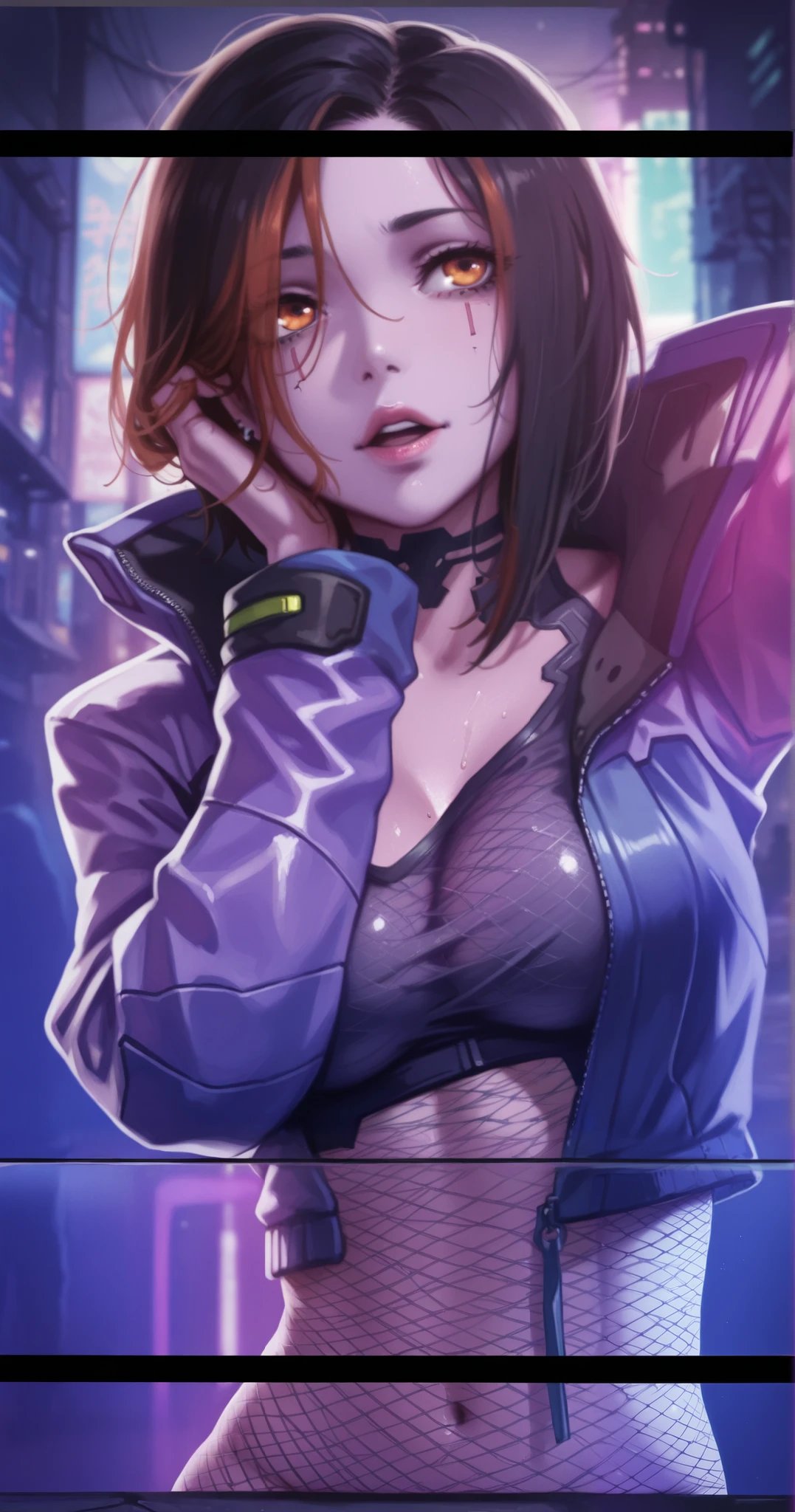 realism, masterpiece, best quality, amazing quality, very aesthetically pleasing, absurd, state-of-the-art) , official style, stoic expression, a girl in a cyberpunk jacket, pink lighting on her skin, tight-fitting holographic blouse under her jacket, elbow covering her chest, pink skin , skin covered with mesh, purple skin, orange eyes, piercing