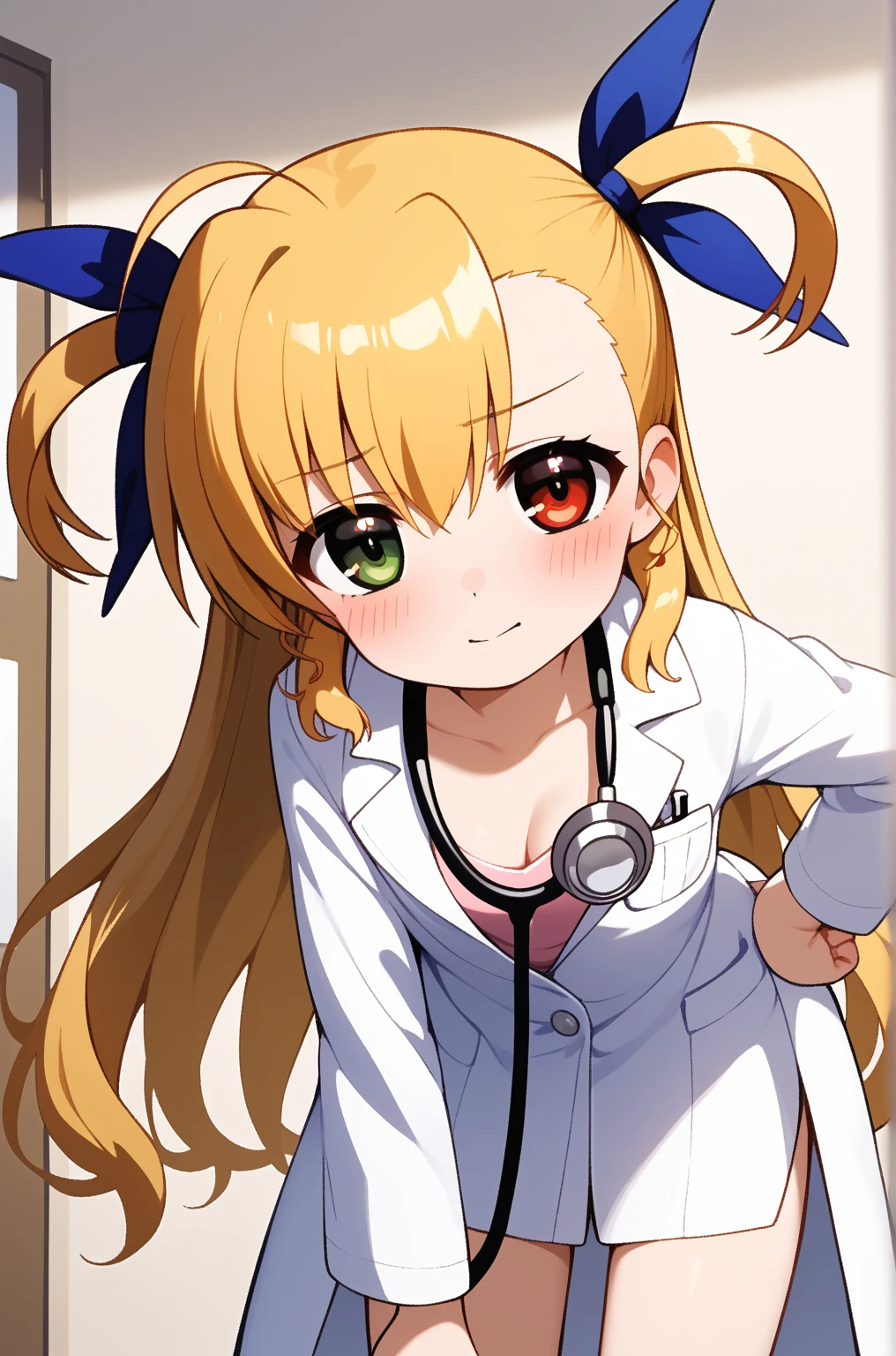 masterpiece,best quality,{{detailed beautiful face and eyes}},
Vivio,{{{megami magazine}}},long hair,blonde hair,ahoge,two side up,hair ribbon,heterochromia,grenn eyes,red eyes,flat chest,
(((1loli:1.2))),(is embarrassing,big blush,closed mouth,steam:1.0),((doctor costume,stethoscope,white longcoat,cleavage)),
((leaning forward,hand on hip:1.2)),
(night hospital background:1.0),clothed