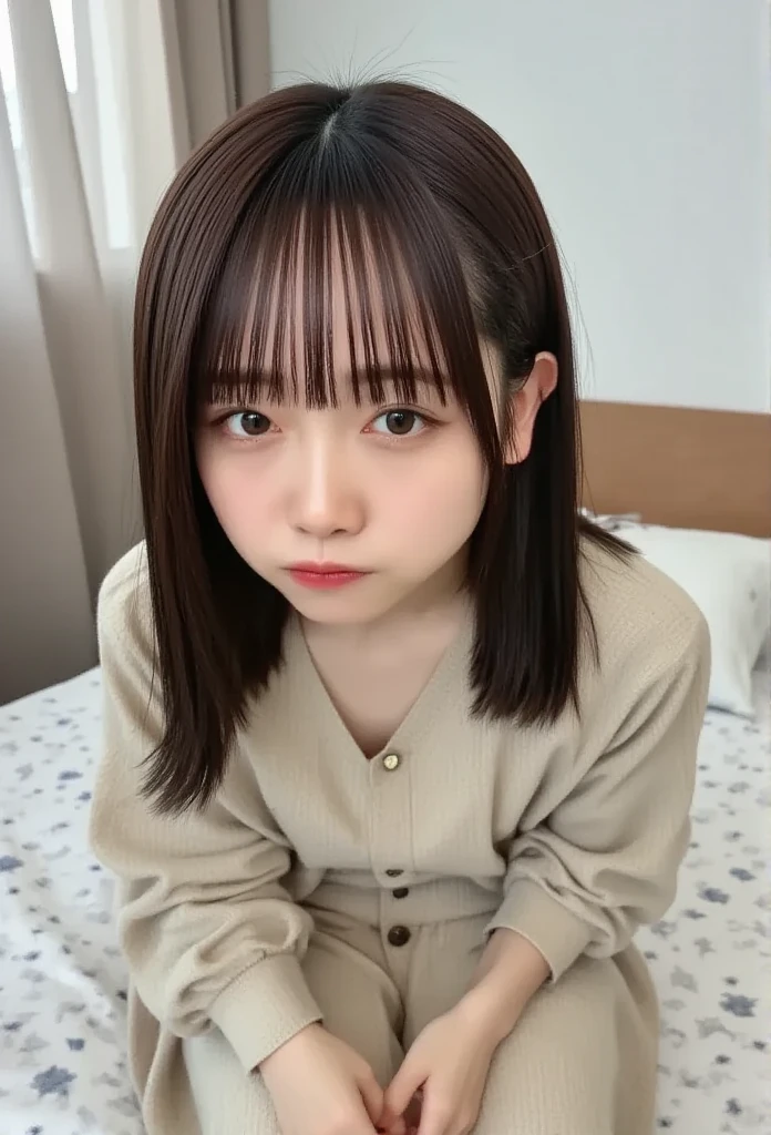   beautiful girl   、 Shorthair、 small smile 、 sad、shy、cute、 bed、Light clothing、 clear 、 beautiful eyes、20 years old、A little angry face、 plump cheeks、 crying 、 Tears in my eyes 、Small mole under left eye, biting on own lips,winks with one eye at viewer,