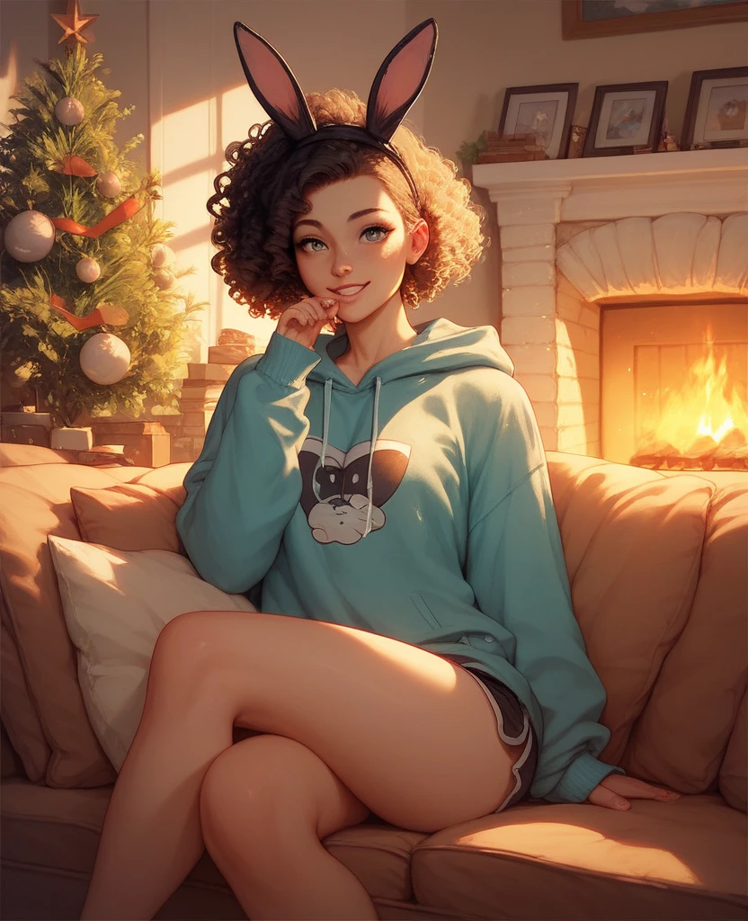 black bunny girl sitting on the couch near a fireplace, wearing a cute sweatshirt, curly hair 