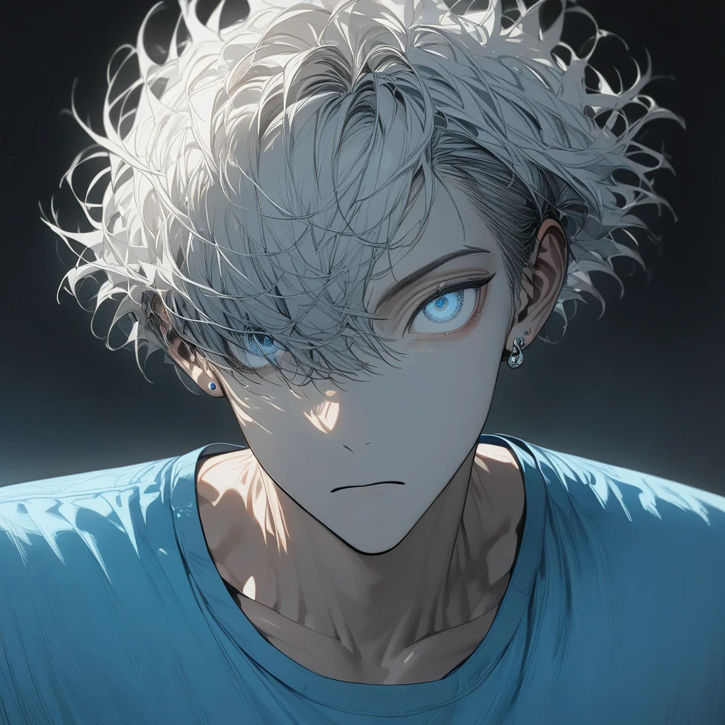 1 boy, white  hair, silver eyes, hair over one eye, short-hair, wearing an earring in one ear, slenderbody, blue T-shirt, close-up