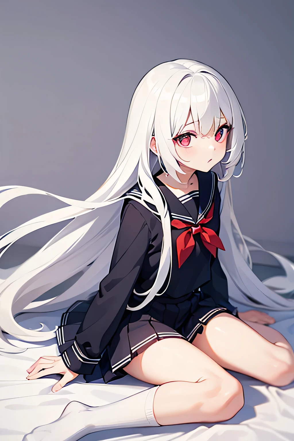 Long head with white hair, cute, red eyes, low cat ears, blushing, vaginal water, making sounds, panting, loli, white stockings, skirt pulled up, leaking out of the lower body