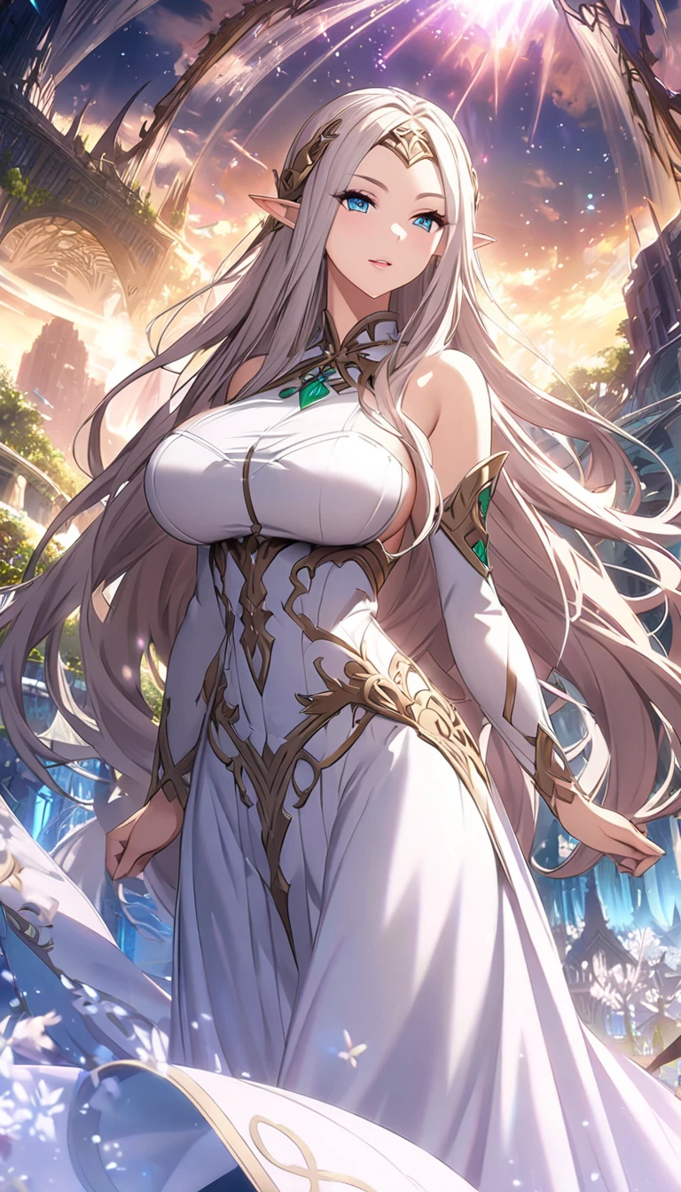 Elf,Sister,Big Breasts, long hair,fantastic background