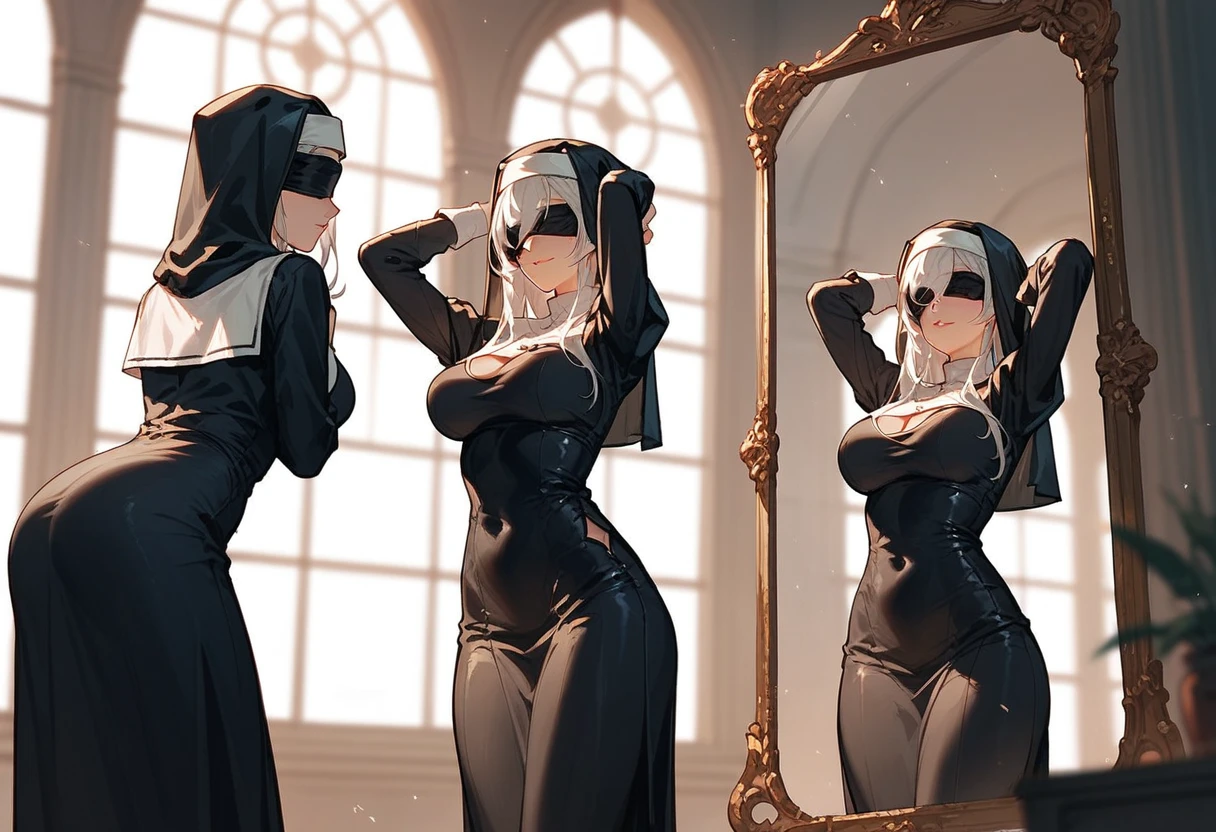 black Nun clothes, huge waist, solo, .butts. focus,