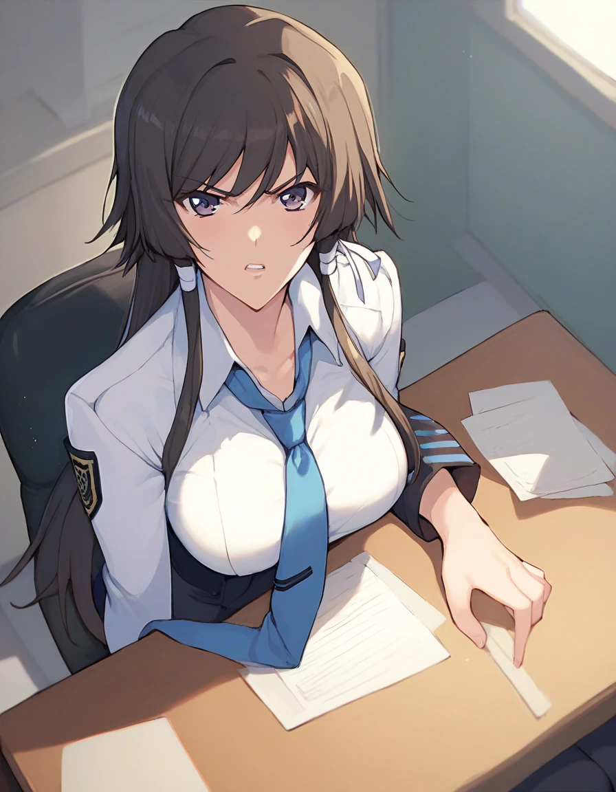 score_9, score_8_up, score_7_up, source_anime,takamura yui, solo,parted lips, (uniform), In the office, sitting at the desk, angry