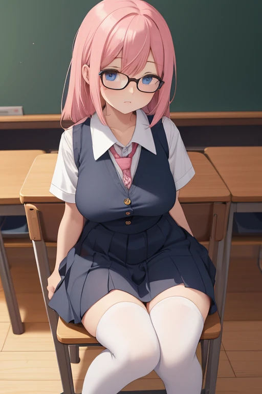 woman, pink hair,  Blue Eyes,  blushed face, shy. wearing glasses, intelligent.  She is wearing a white uniform with blue details,  Japanese school uniform, Blue skirt wheel ,  white pantyhose , black sneakers.  big breasts and bulky thighs,  she is sitting on a chair ,  looking back,  looking at the viewer,  showing a piece of her white panties . Expression of shyness . School scenario . Ultra HD, 4K, anime