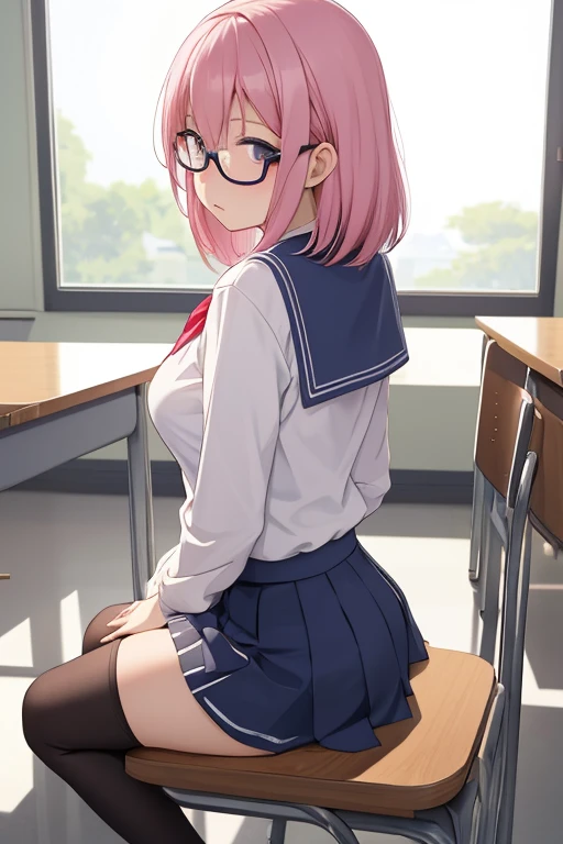 woman, pink hair,  Blue Eyes,  blushed face, shy. wearing glasses, intelligent.  She is wearing a white uniform with blue details,  Japanese school uniform, Blue skirt wheel ,  white pantyhose , black sneakers.  big breasts and bulky thighs,  she is sitting on a chair ,  looking back,  looking at the viewer,  showing a piece of her white panties . Expression of shyness . School scenario . Ultra HD, 4K, anime